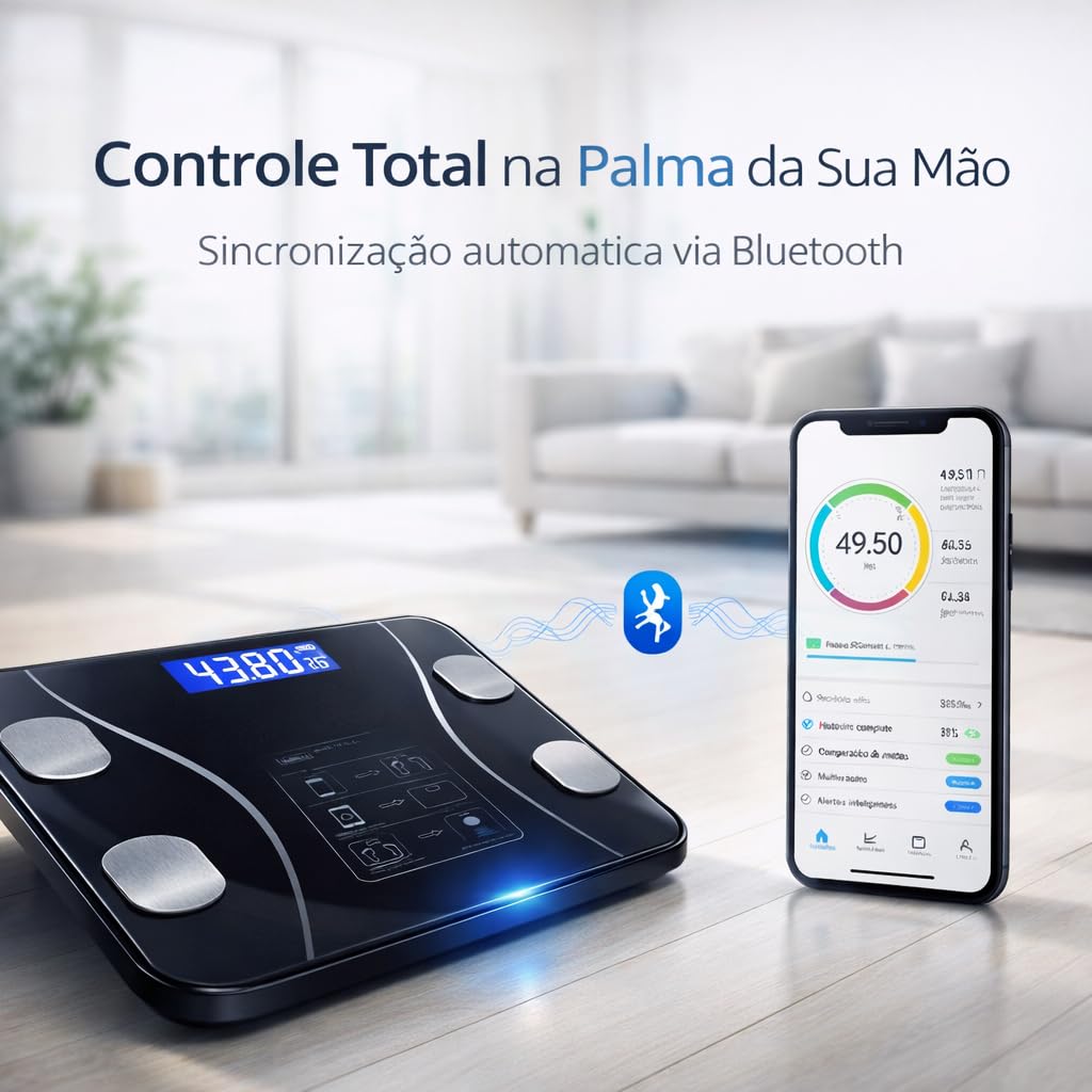 Balança Digital Bioimpedância Premium Bluetooth com App Saúde iOS Android para IMC Gordura Corporal Massa Muscular Massa Óssea Água Corporal Taxa Metabólica BMR Alta Precisão Vidro Temperado LED thumbnail 3