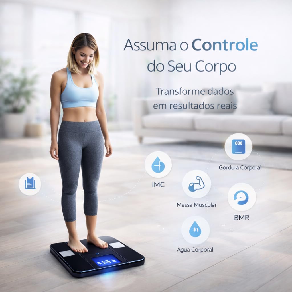Balança Digital Bioimpedância Premium Bluetooth com App Saúde iOS Android para IMC Gordura Corporal Massa Muscular Massa Óssea Água Corporal Taxa Metabólica BMR Alta Precisão Vidro Temperado LED thumbnail 4
