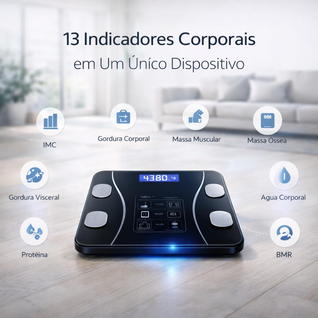 Balança Digital Bioimpedância Premium Bluetooth com App Saúde iOS Android para IMC Gordura Corporal Massa Muscular Massa Óssea Água Corporal Taxa Metabólica BMR Alta Precisão Vidro Temperado LED thumbnail 5