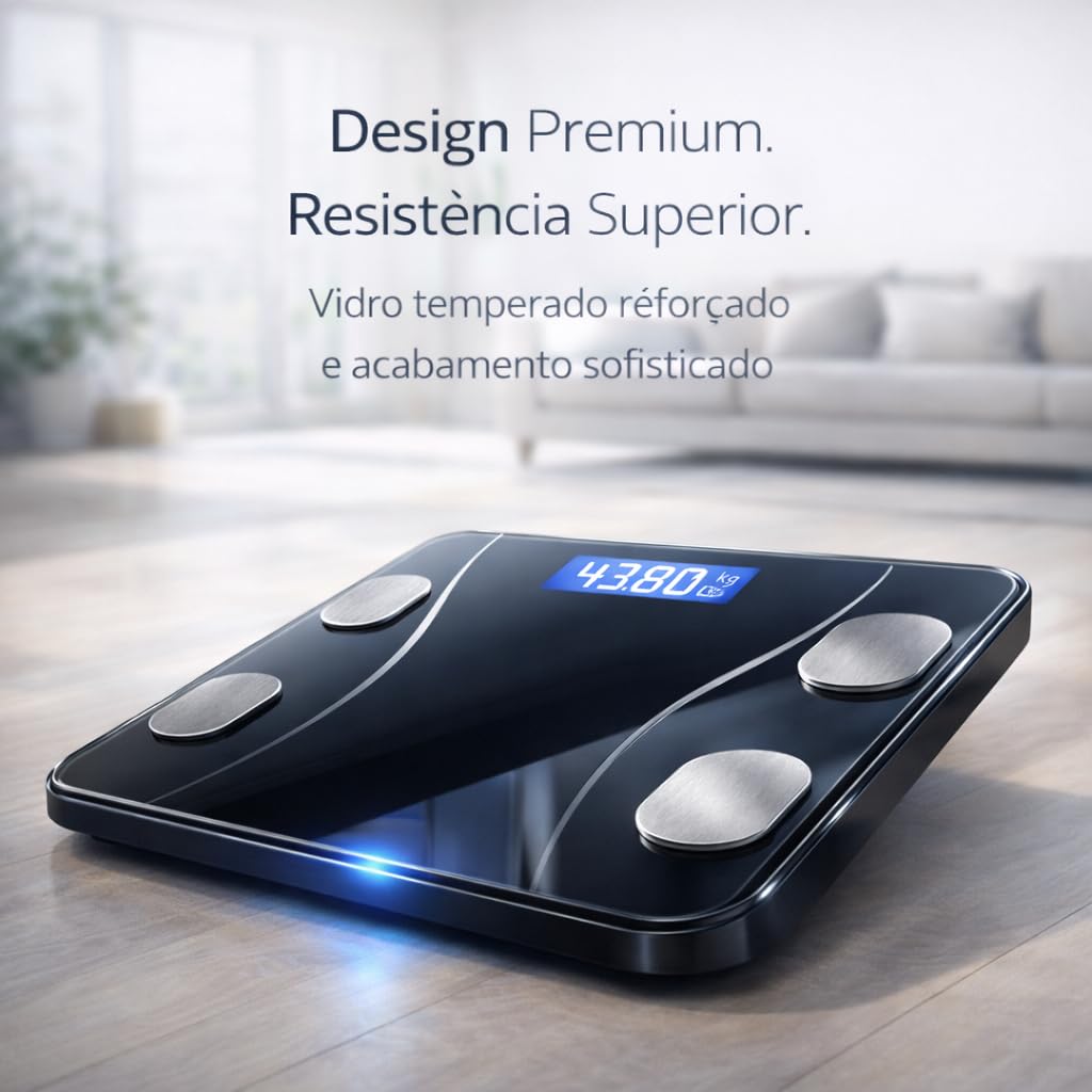 Balança Digital Bioimpedância Premium Bluetooth com App Saúde iOS Android para IMC Gordura Corporal Massa Muscular Massa Óssea Água Corporal Taxa Metabólica BMR Alta Precisão Vidro Temperado LED thumbnail 6