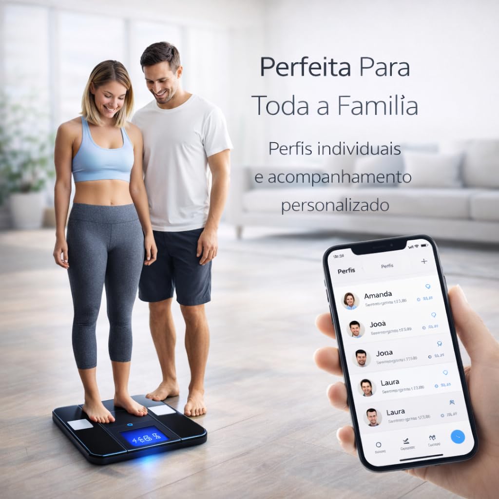 Balança Digital Bioimpedância Premium Bluetooth com App Saúde iOS Android para IMC Gordura Corporal Massa Muscular Massa Óssea Água Corporal Taxa Metabólica BMR Alta Precisão Vidro Temperado LED thumbnail 7