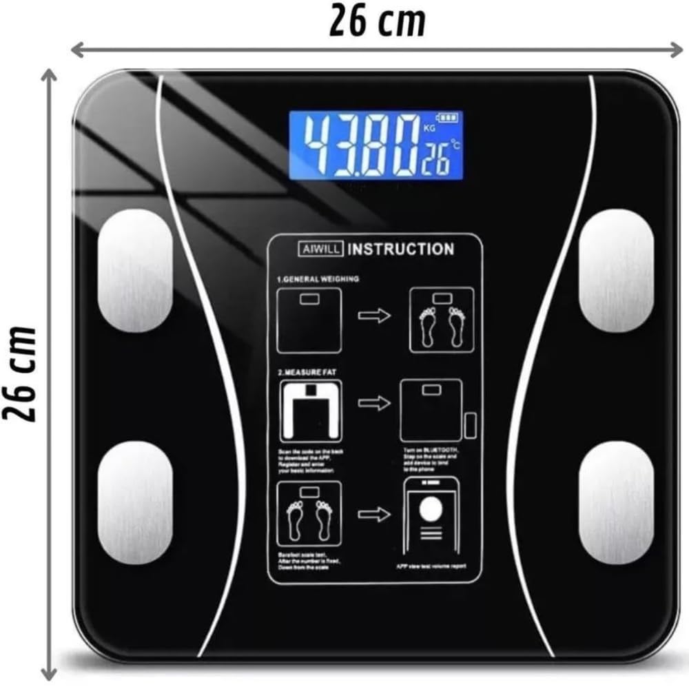 Balança Digital Bioimpedância Premium Bluetooth com App Saúde iOS Android para IMC Gordura Corporal Massa Muscular Massa Óssea Água Corporal Taxa Metabólica BMR Alta Precisão Vidro Temperado LED thumbnail 9