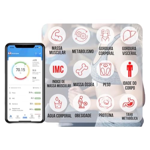 Balança Digital Bioimpedância Premium Bluetooth com App Saúde iOS Android para IMC Gordura Corporal Massa Muscular Massa Óssea Água Corporal Taxa Metabólica BMR Alta Precisão Vidro Temperado LED thumbnail 10