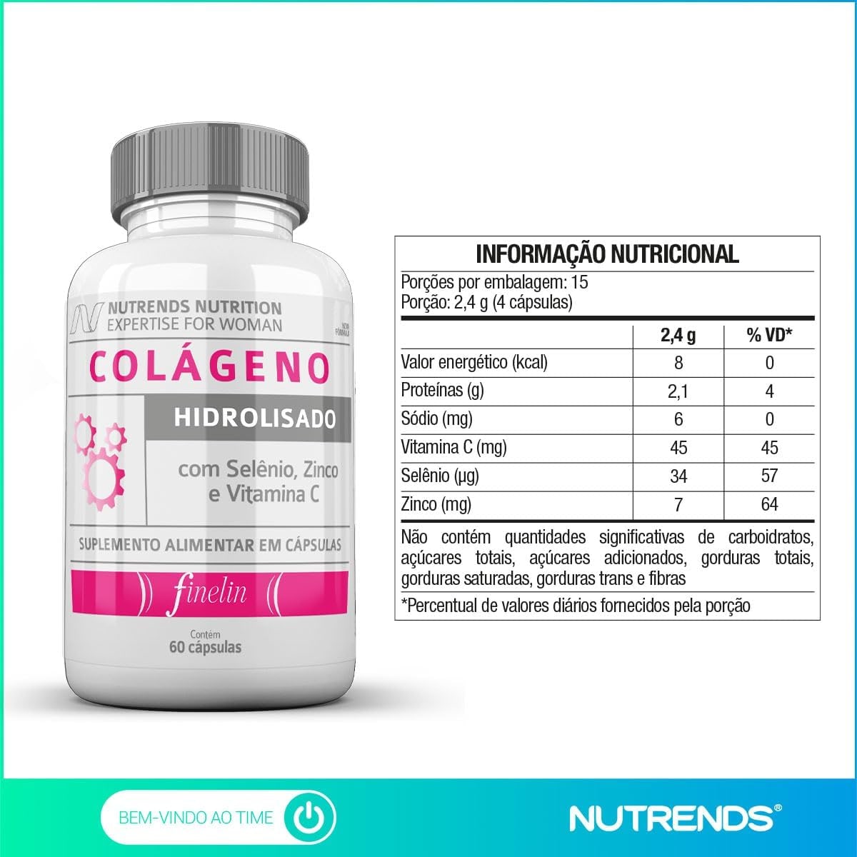 Colágeno Hidrolisado + Selênio + Zinco + Vita C 60 cápsulas, Nutrends thumbnail 2