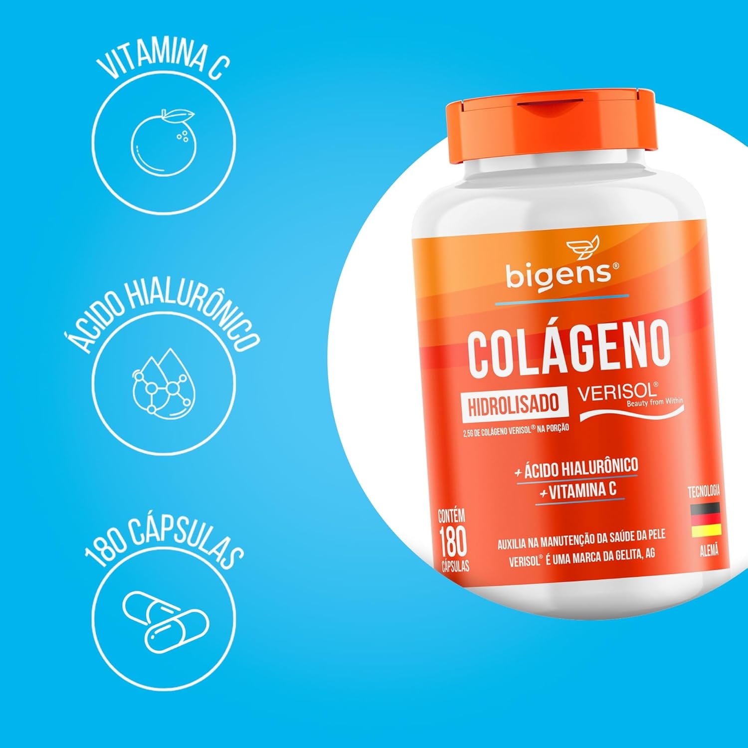 Colágeno Hidrolisado Verisol com Ácido Hialurônico e Vitamina C, Biogens, Kit 2x 180 caps thumbnail 3