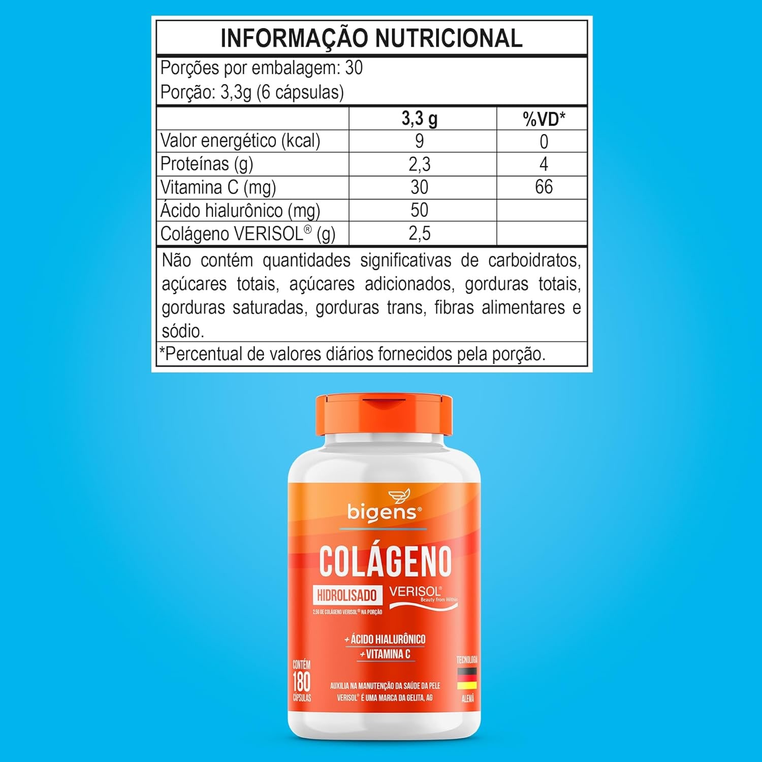 Colágeno Hidrolisado Verisol com Ácido Hialurônico e Vitamina C, Biogens, Kit 2x 180 caps thumbnail 6