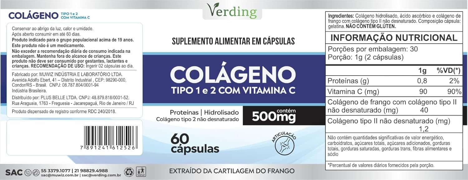 Colageno Tipo 1 E 2 Com Vitamina C 60 Cápsulas - Verding thumbnail 2