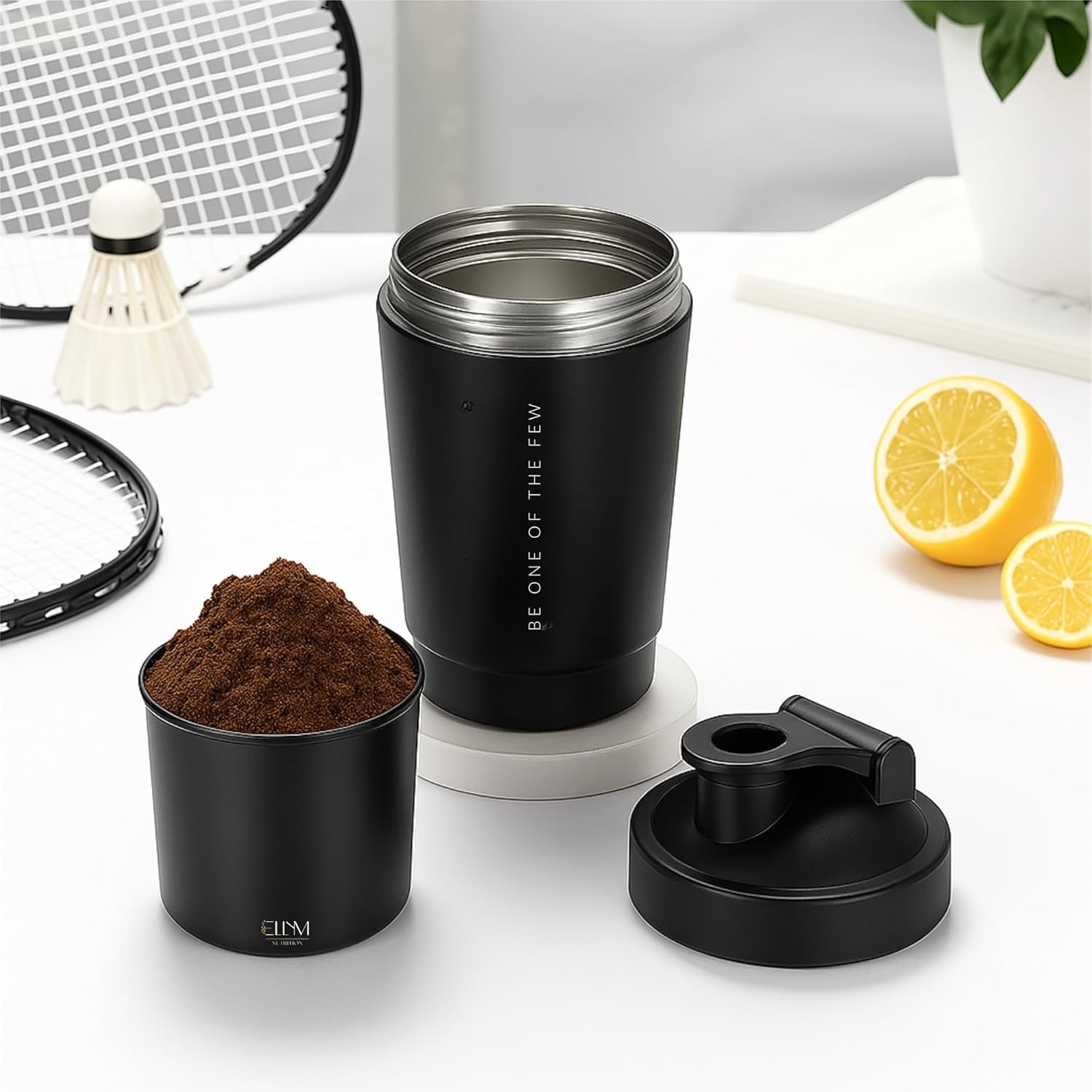 Coqueteleira Aço Inox 600ml com Compartimento Inferior ELLYM NUTRITION Misturador Ideal Shakes (Preto) thumbnail 2