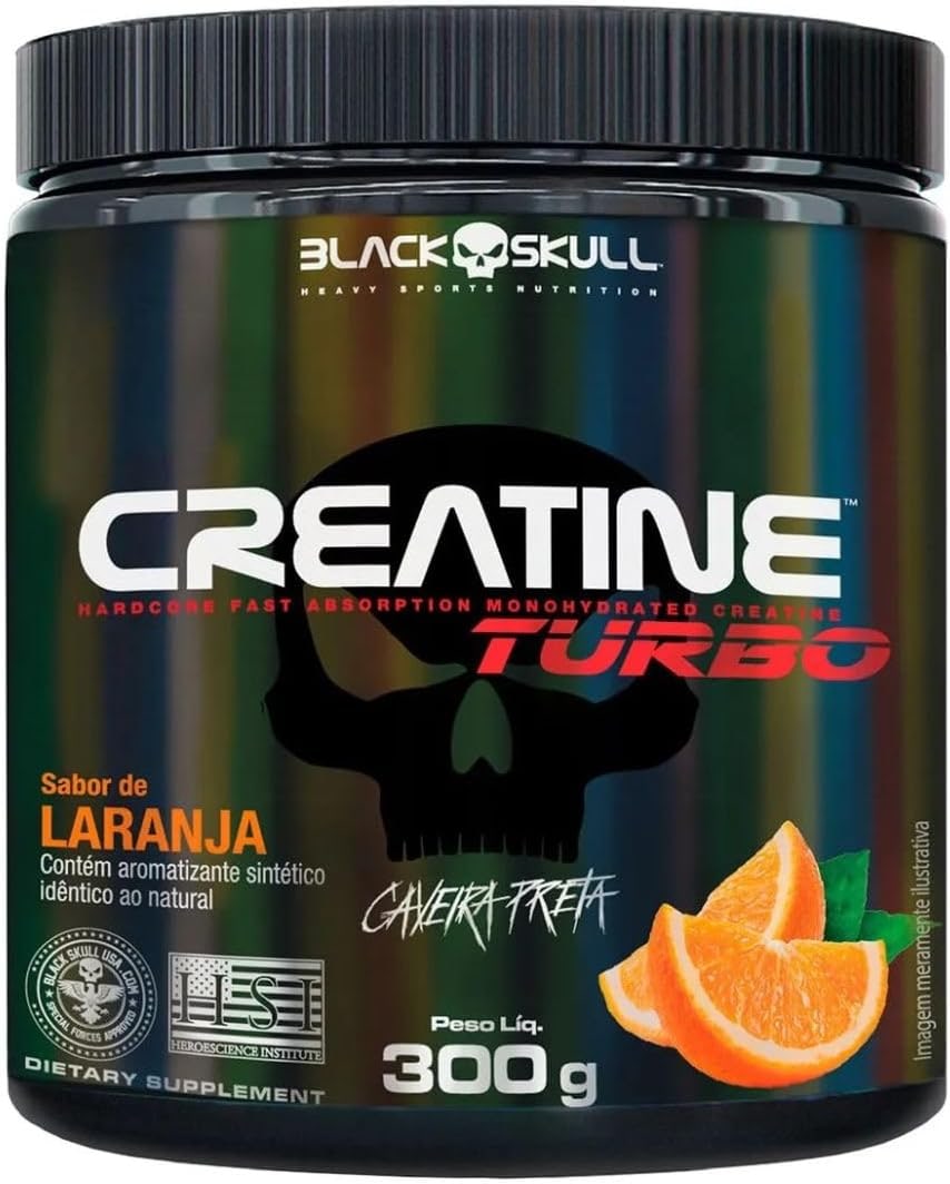 Creatine Turbo BlackSkull - Creatina Monohidratada em pó, com carboidrato para melhor absorção e performance (300g Pote, Laranja)