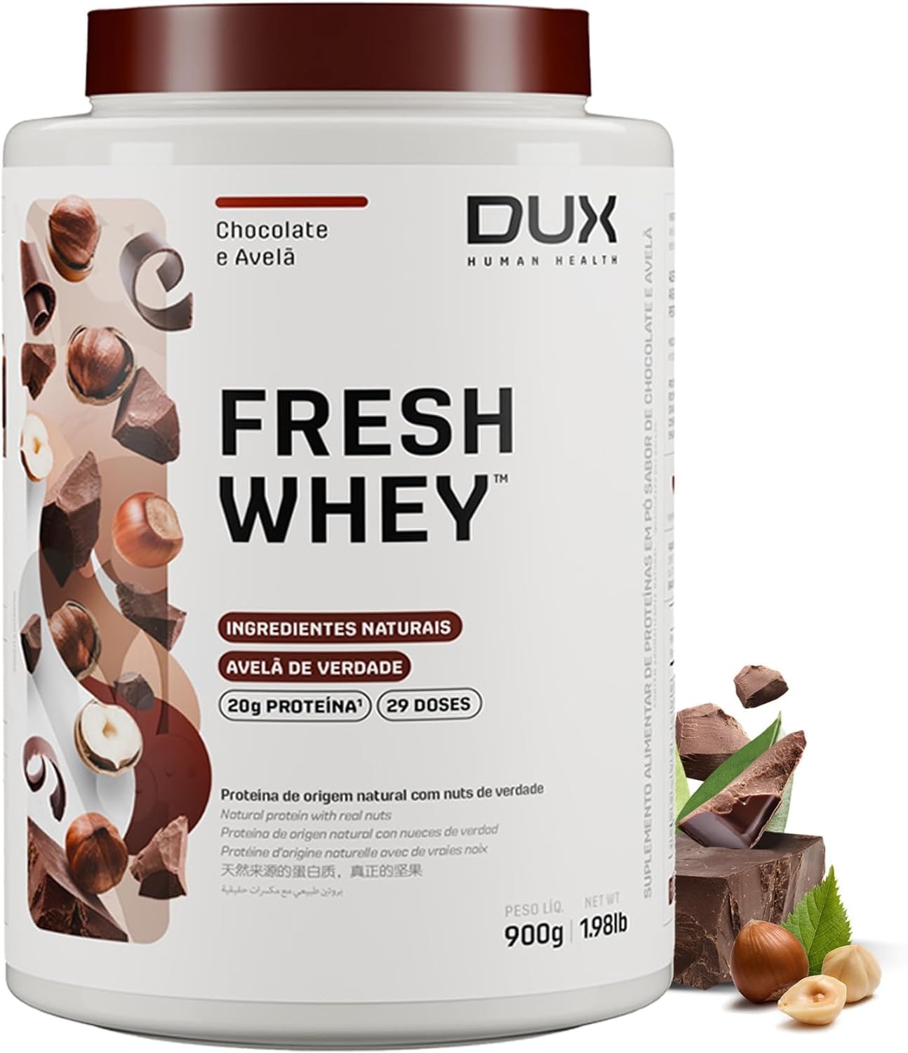 DUX HUMAN HEALTH Fresh Whey Protein 900g Chocolate e Avelã – 20g de Proteínas por Porção, Sem Glúten e Sem Lactose
