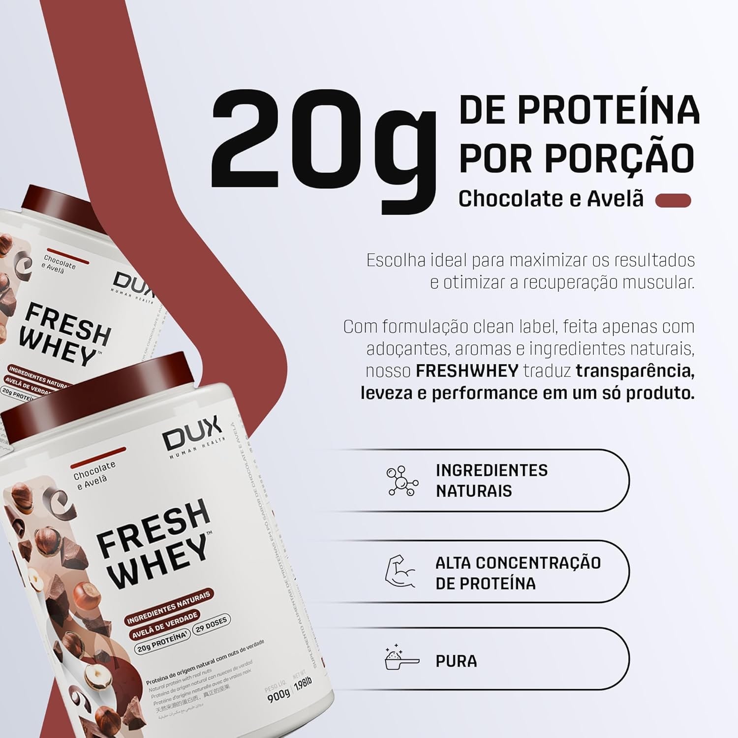 DUX HUMAN HEALTH Fresh Whey Protein 900g Chocolate e Avelã – 20g de Proteínas por Porção, Sem Glúten e Sem Lactose thumbnail 2