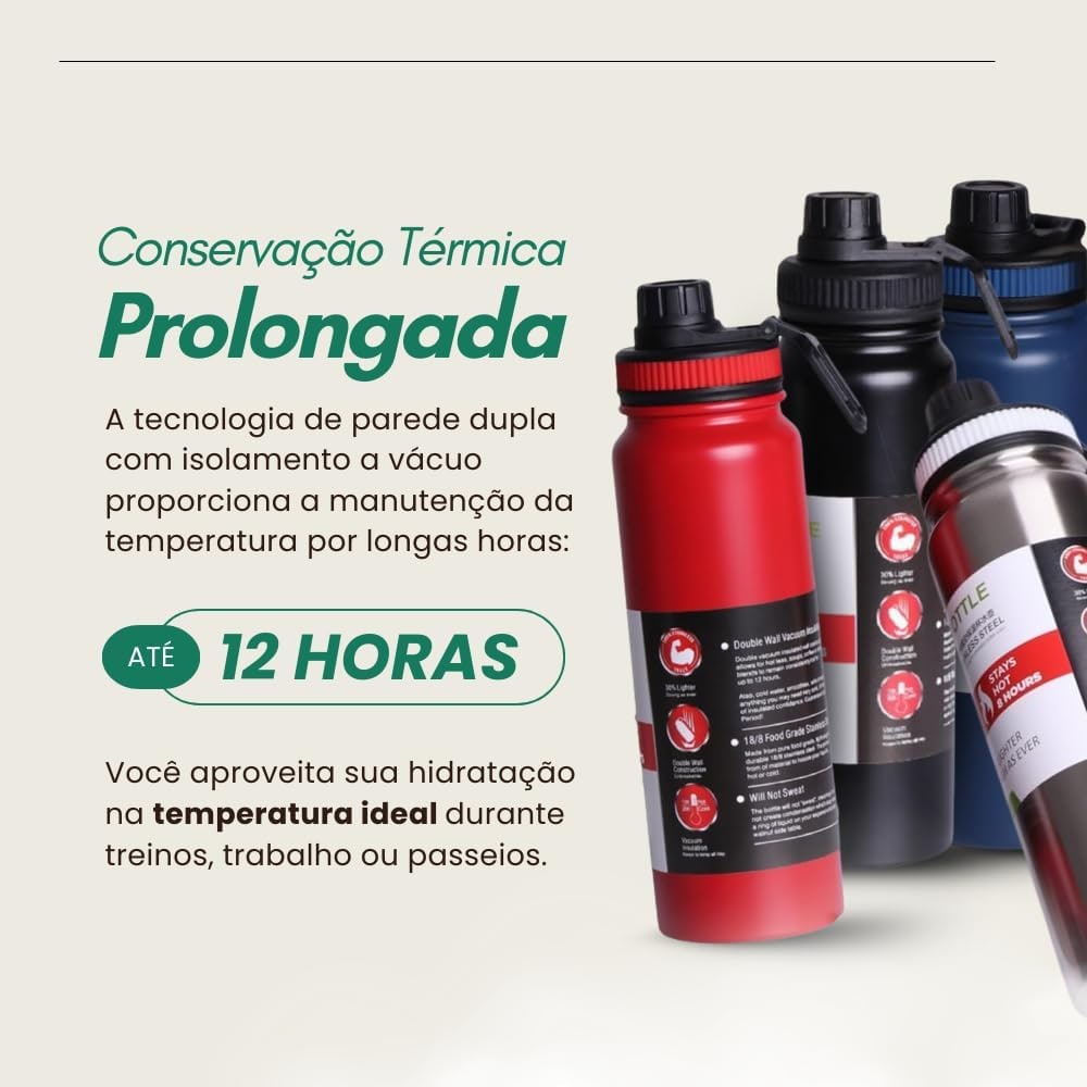 Garrafa de Água Térmica Inox 800ml Esportiva com Alça Parede Dupla Isolada a Vácuo Antivazamento Garrafinha Academia Fitness Corrida Esportes Escritório Aço Inox (Preto) thumbnail 2
