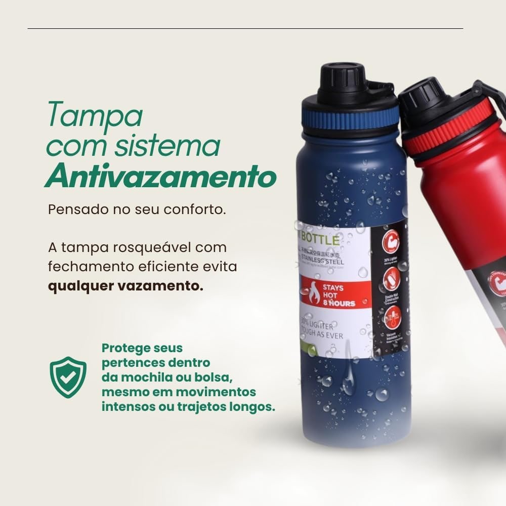 Garrafa de Água Térmica Inox 800ml Esportiva com Alça Parede Dupla Isolada a Vácuo Antivazamento Garrafinha Academia Fitness Corrida Esportes Escritório Aço Inox (Preto) thumbnail 3