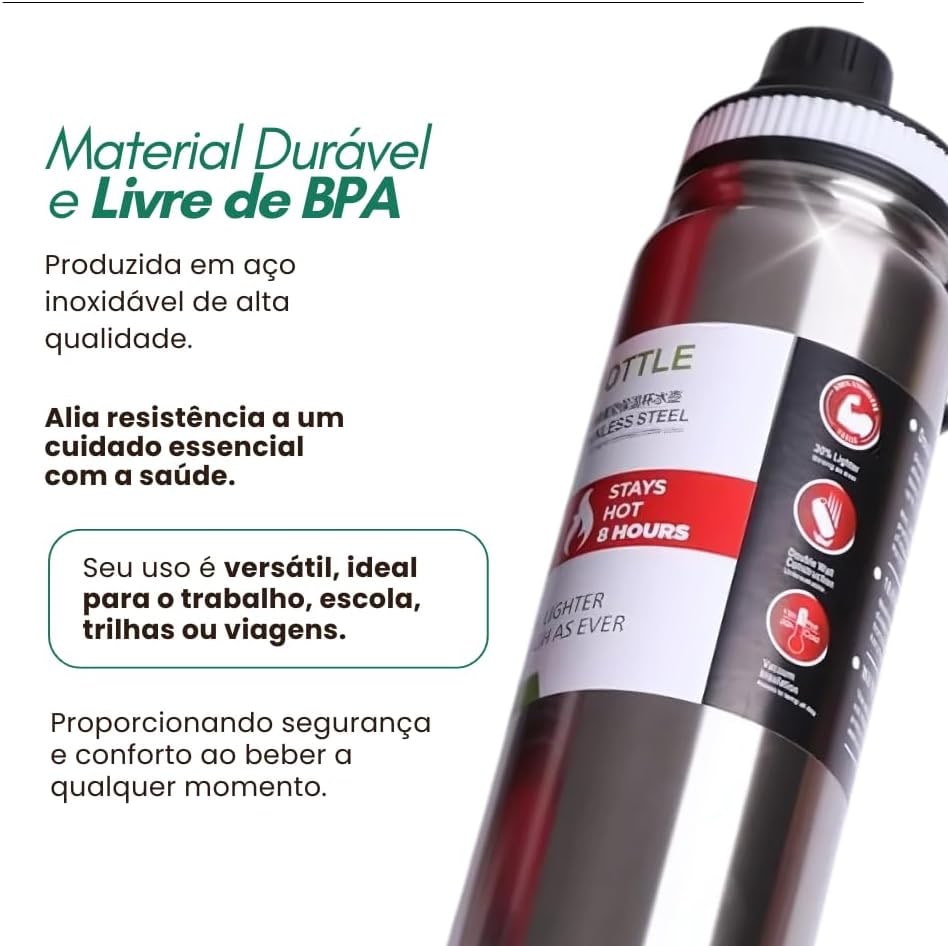 Garrafa de Água Térmica Inox 800ml Esportiva com Alça Parede Dupla Isolada a Vácuo Antivazamento Garrafinha Academia Fitness Corrida Esportes Escritório Aço Inox (Preto) thumbnail 5