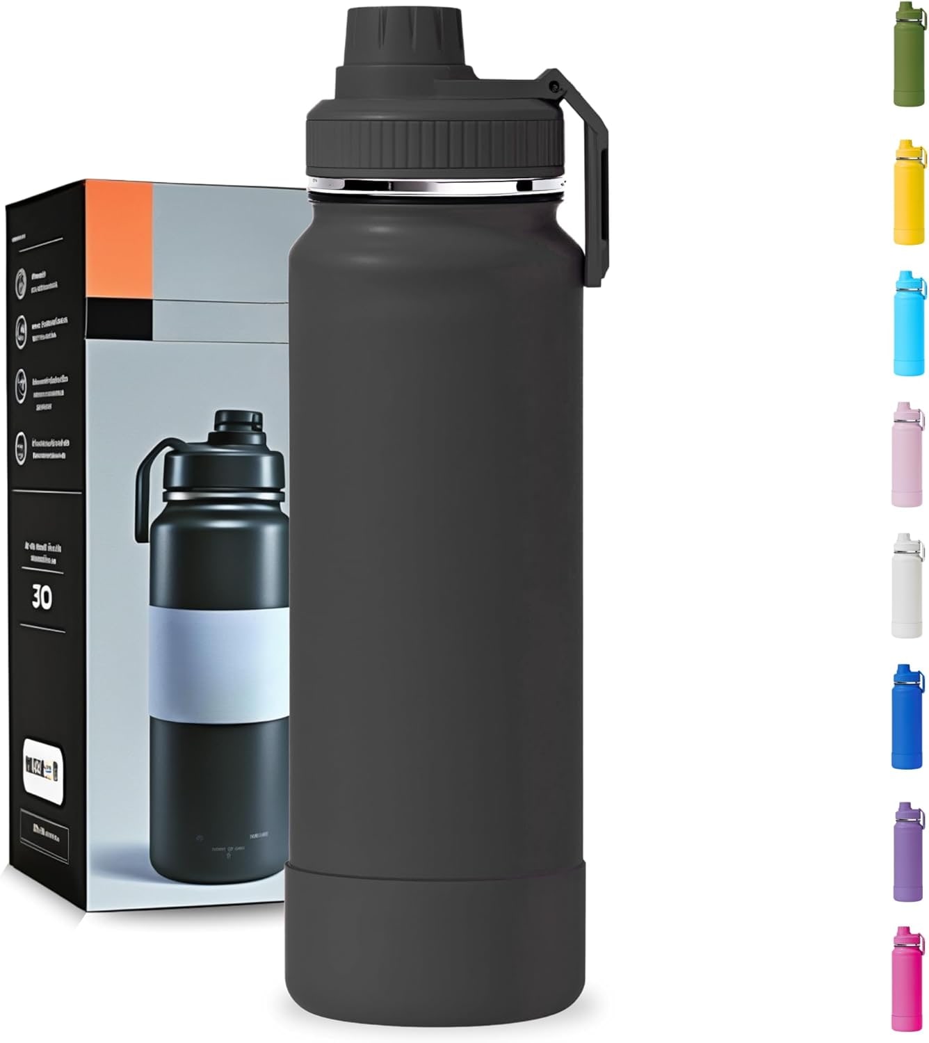 Garrafa Térmica 1000ML - Duplamente Isolada, Aço Inox 304, Base Emborrachada Anti Derrapante, Mantém Bebidas Quentes por 12 Horas e Geladas por 24 Horas (Preto Slin)