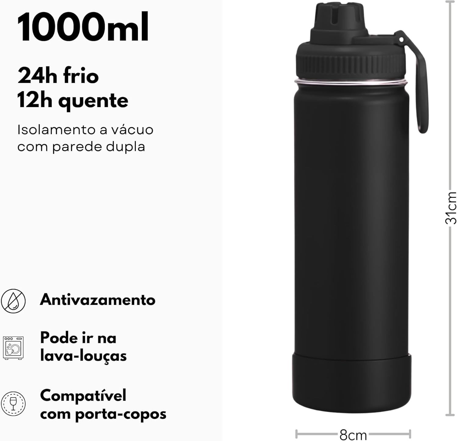 Garrafa Térmica 1000ML - Duplamente Isolada, Aço Inox 304, Base Emborrachada Anti Derrapante, Mantém Bebidas Quentes por 12 Horas e Geladas por 24 Horas (Preto Slin) thumbnail 2
