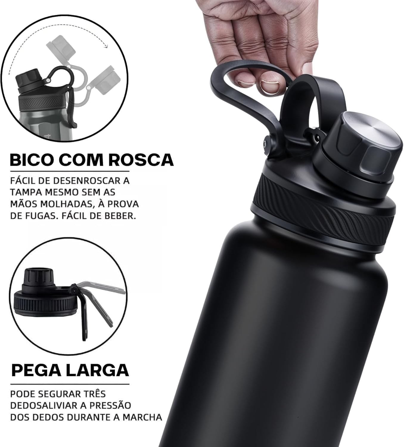 Garrafa Térmica 1000ML - Duplamente Isolada, Aço Inox 304, Base Emborrachada Anti Derrapante, Mantém Bebidas Quentes por 12 Horas e Geladas por 24 Horas (Preto Slin) thumbnail 3