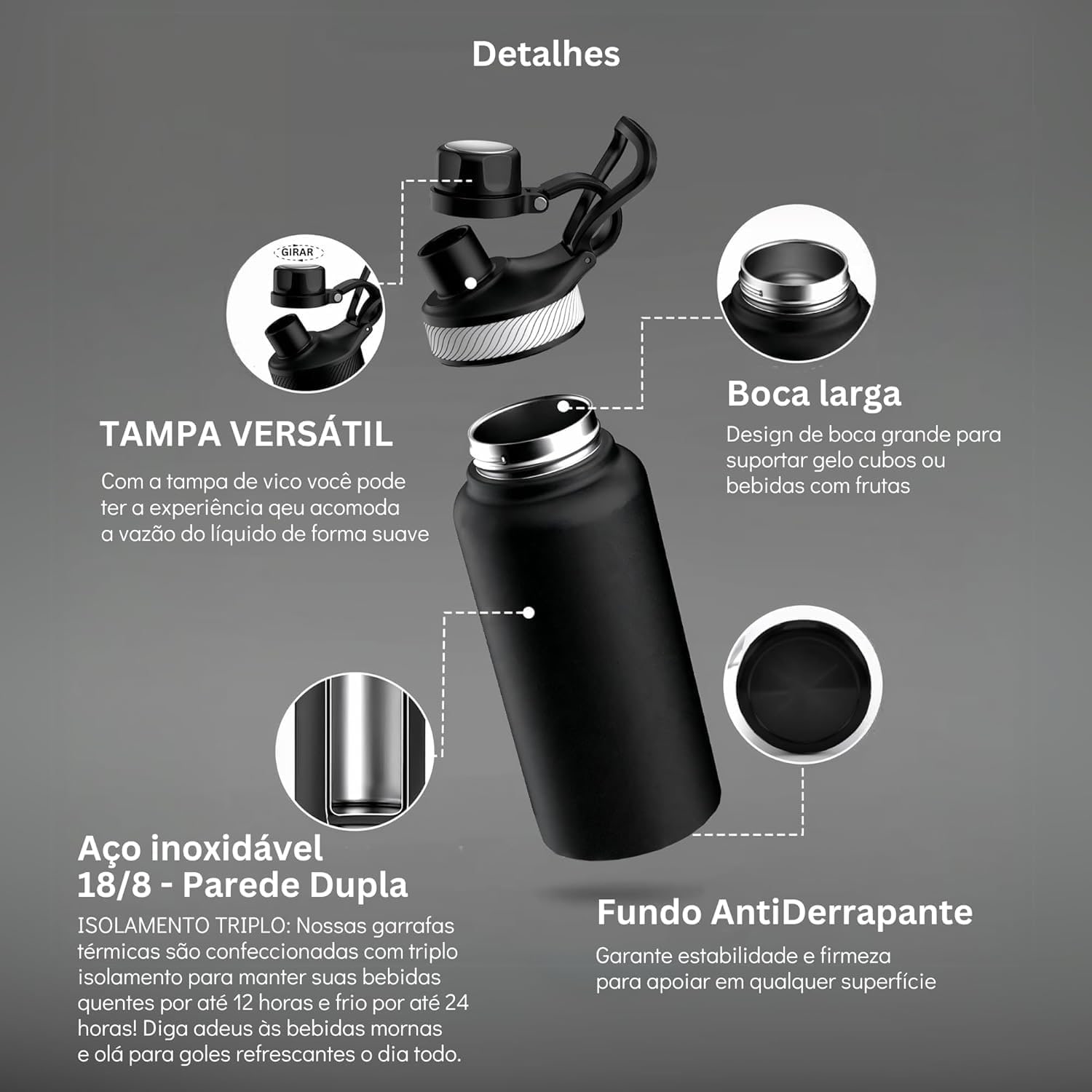 Garrafa Térmica 1000ML - Duplamente Isolada, Aço Inox 304, Base Emborrachada Anti Derrapante, Mantém Bebidas Quentes por 12 Horas e Geladas por 24 Horas (Preto Slin) thumbnail 5