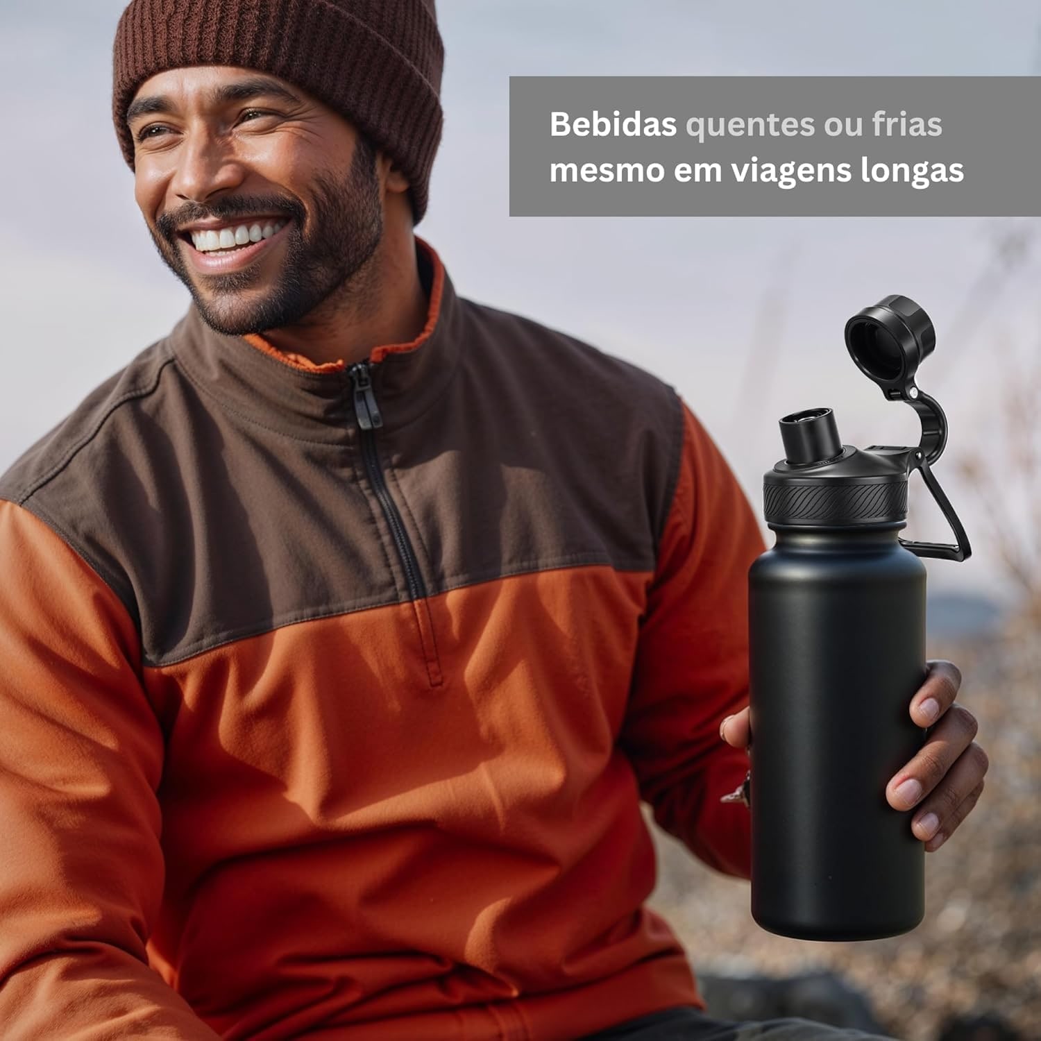 Garrafa Térmica 1000ML - Duplamente Isolada, Aço Inox 304, Base Emborrachada Anti Derrapante, Mantém Bebidas Quentes por 12 Horas e Geladas por 24 Horas (Preto Slin) thumbnail 6