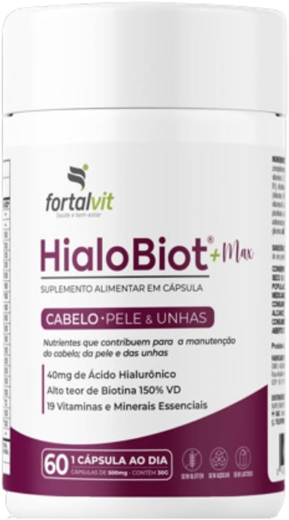 HIALOBIOT - Biotina Dose Máxima + Ácido Hialurônico + 19 Vitaminas, Longa Duração: 2 Meses, Cabelo, Pele e Unhas, 60 Cápsulas, Fortalvit