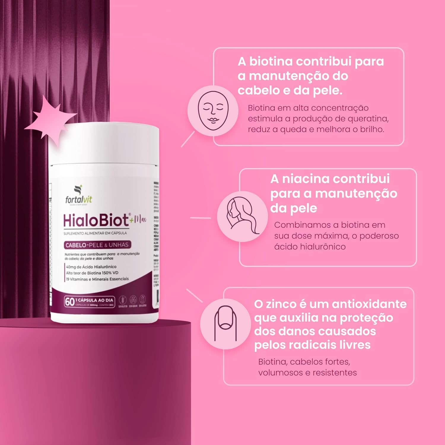 HIALOBIOT - Biotina Dose Máxima + Ácido Hialurônico + 19 Vitaminas, Longa Duração: 2 Meses, Cabelo, Pele e Unhas, 60 Cápsulas, Fortalvit thumbnail 4