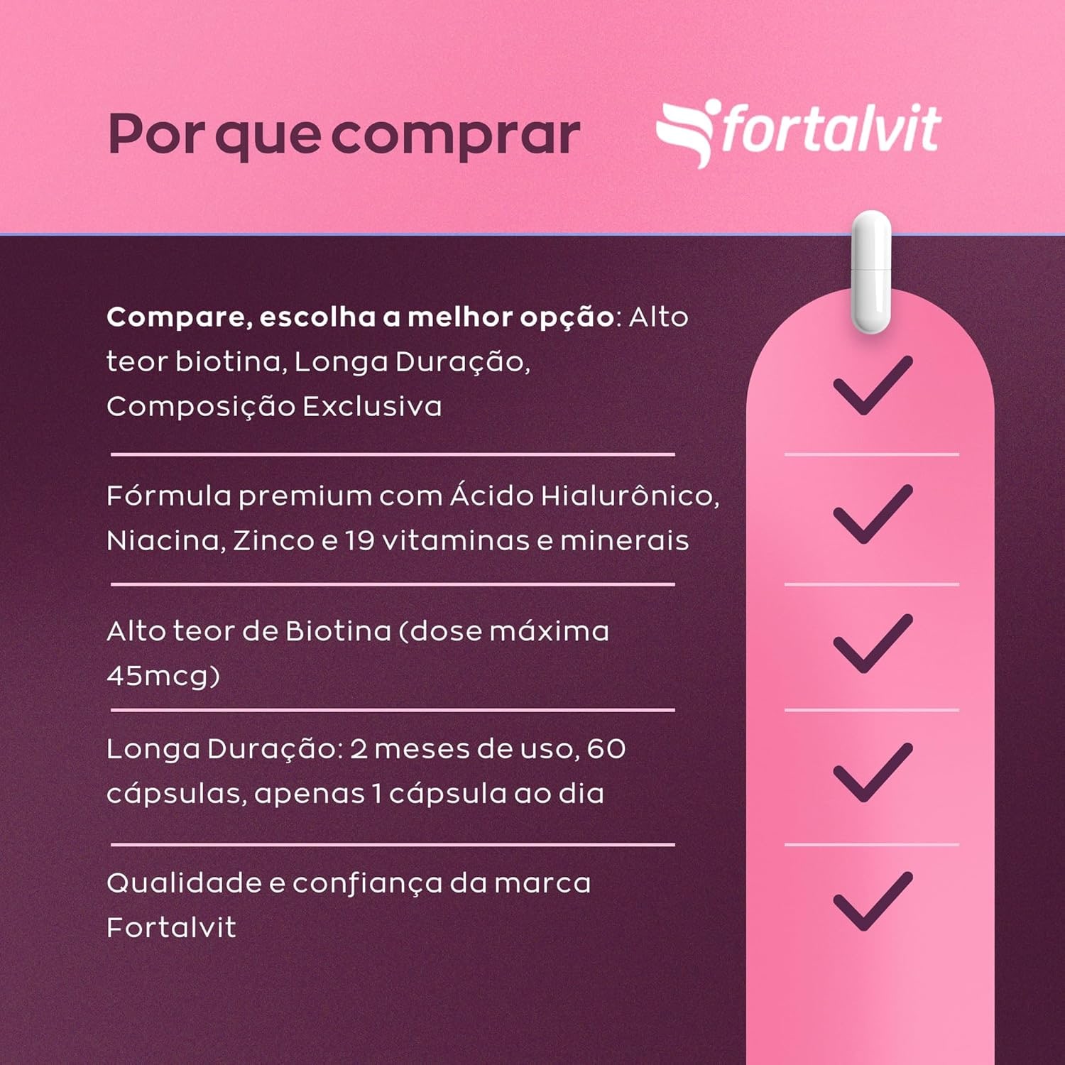 HIALOBIOT - Biotina Dose Máxima + Ácido Hialurônico + 19 Vitaminas, Longa Duração: 2 Meses, Cabelo, Pele e Unhas, 60 Cápsulas, Fortalvit thumbnail 5