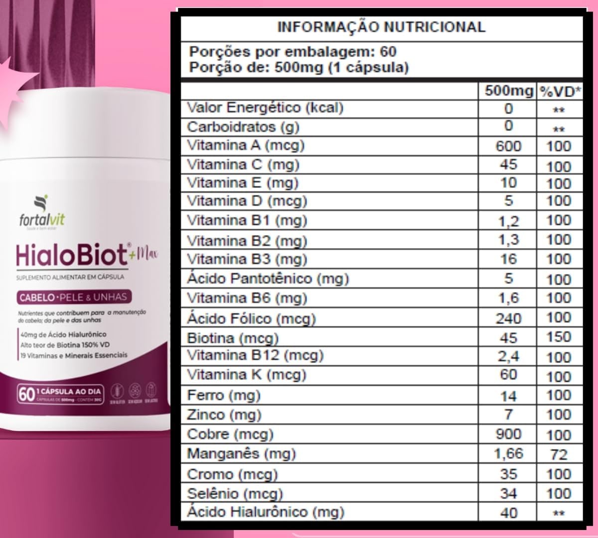 HIALOBIOT - Biotina Dose Máxima + Ácido Hialurônico + 19 Vitaminas, Longa Duração: 2 Meses, Cabelo, Pele e Unhas, 60 Cápsulas, Fortalvit thumbnail 6