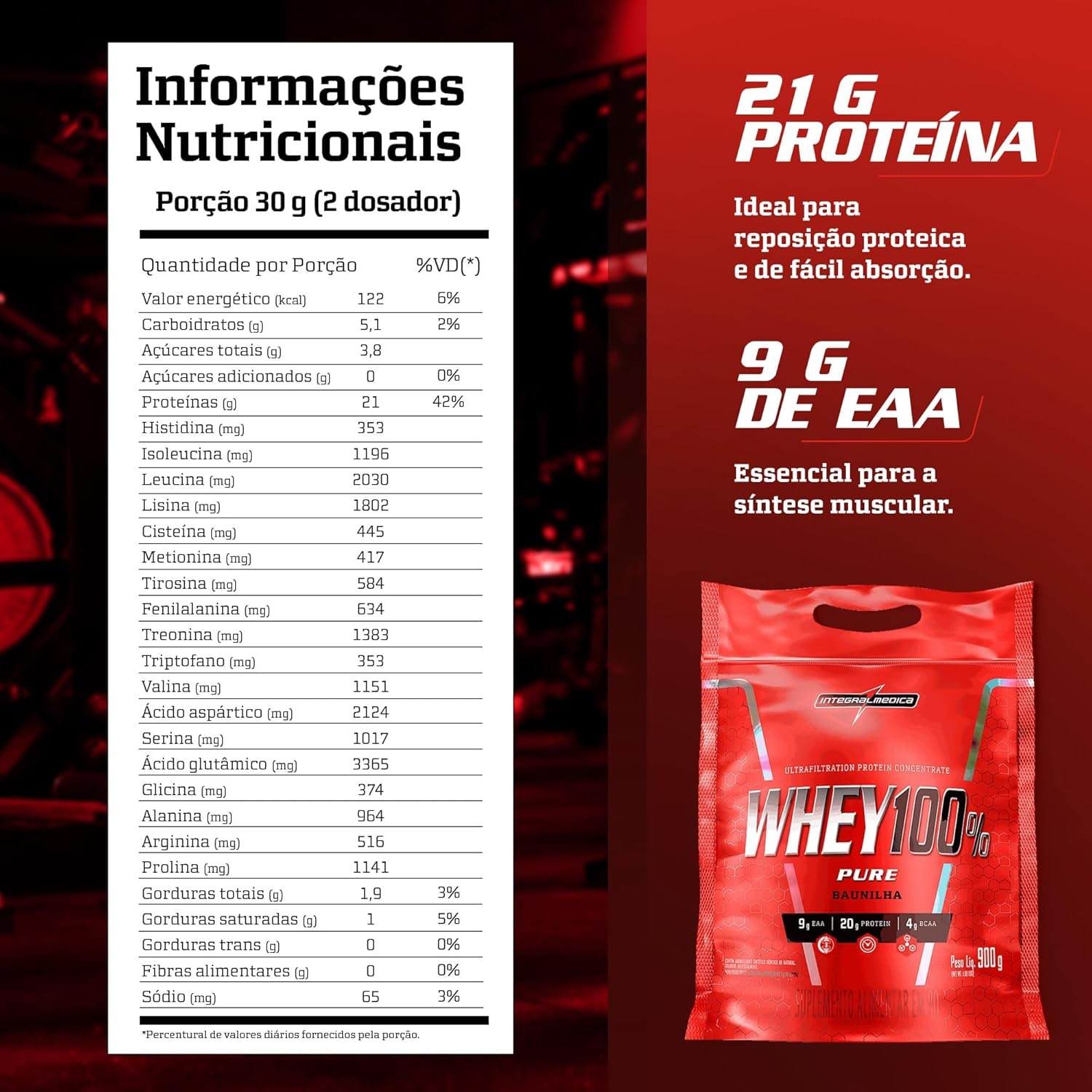 Integralmédica - Whey Protein Concentrado Baunilha 100% Pure - 20g de Proteína por Scoop, Suplementação Alimentar Pós-Treino, Fórmula Enriquecida com BCAAs - 900g thumbnail 3