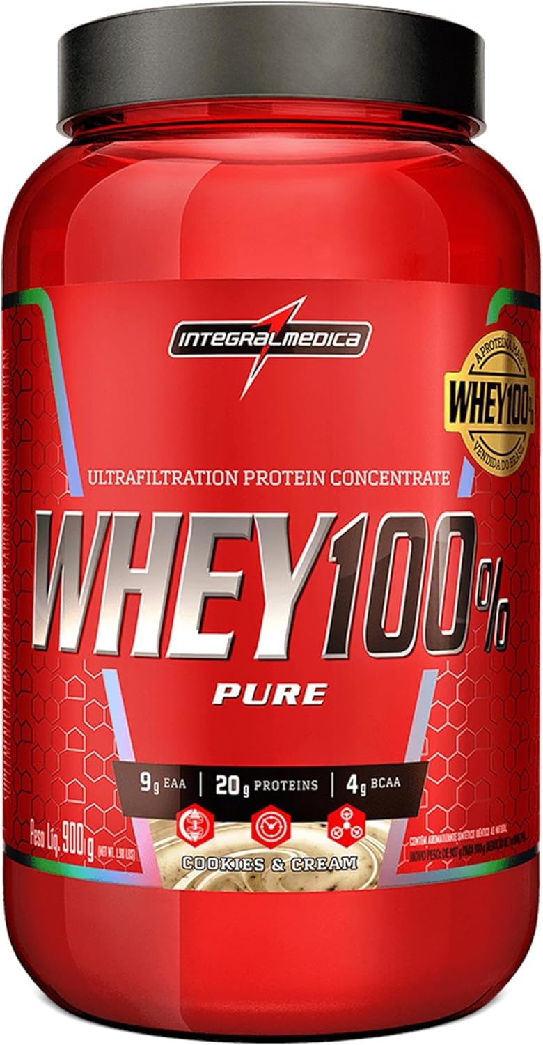Integralmédica - Whey Protein Concentrado Cookies and Cream 100% Pure - 21g de Proteína por Scoop, Suplementação Alimentar Pós-Treino, Fórmula Enriquecida com BCAAs - Pote 900g