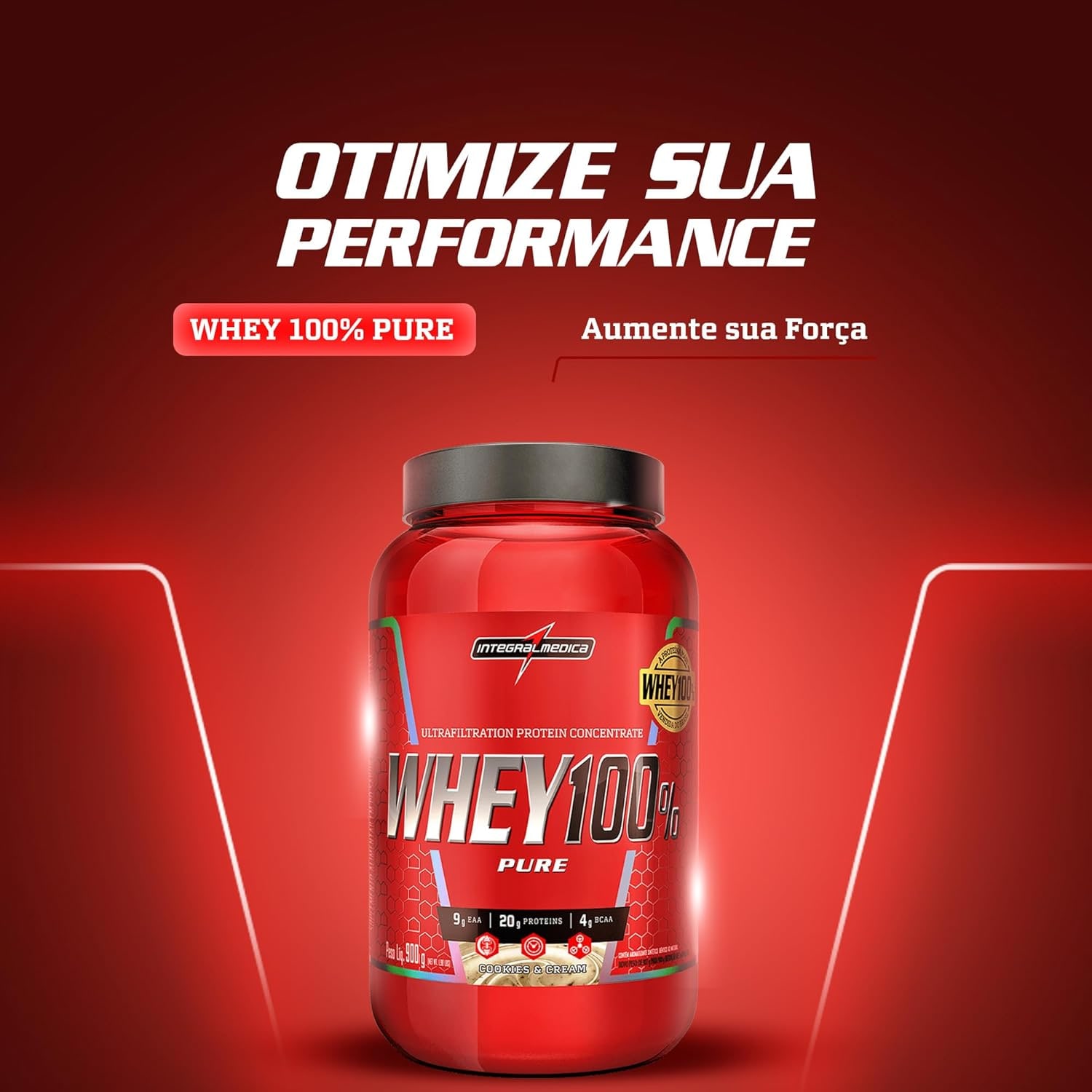 Integralmédica - Whey Protein Concentrado Cookies and Cream 100% Pure - 21g de Proteína por Scoop, Suplementação Alimentar Pós-Treino, Fórmula Enriquecida com BCAAs - Pote 900g thumbnail 2