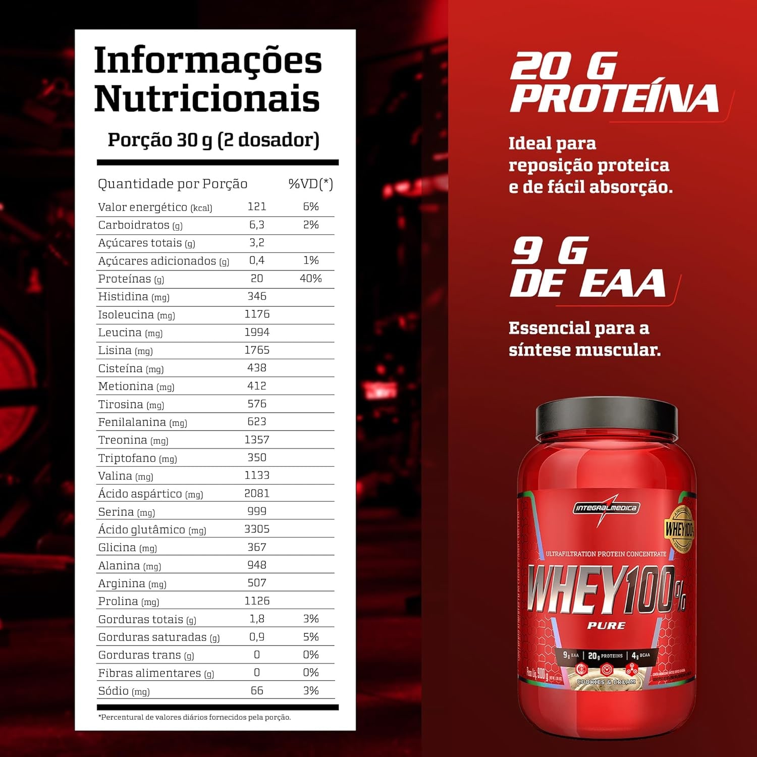 Integralmédica - Whey Protein Concentrado Cookies and Cream 100% Pure - 21g de Proteína por Scoop, Suplementação Alimentar Pós-Treino, Fórmula Enriquecida com BCAAs - Pote 900g thumbnail 3