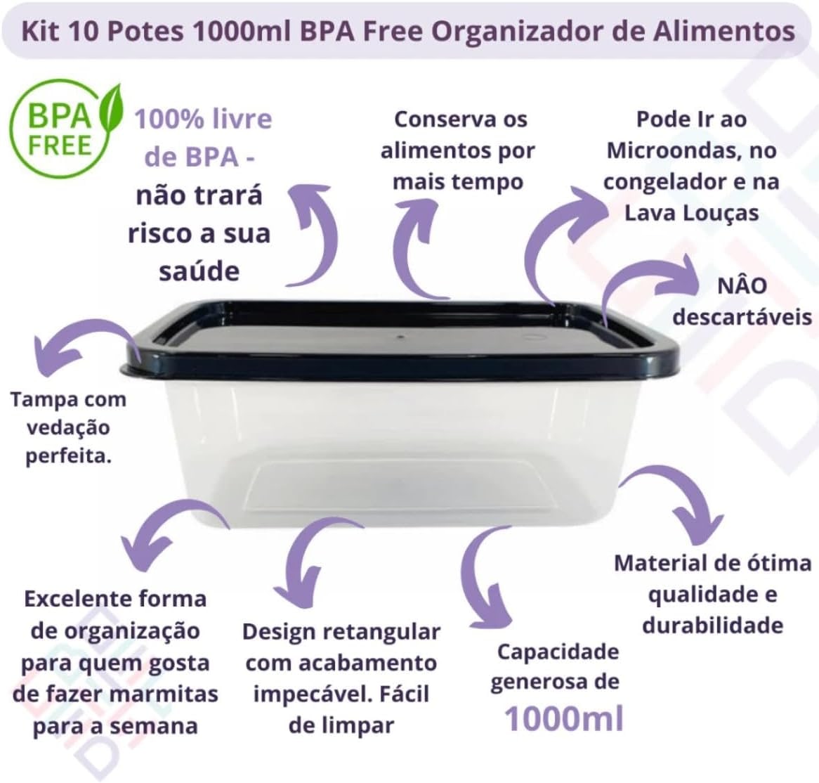 Kit 10 Un de Marmitas Fitness 500ml Para Freezer/Microondas COR:PRETO thumbnail 3