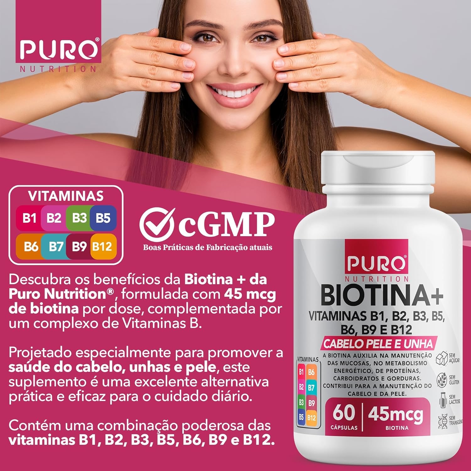 Kit 2 Biotina + Puro Nutrition Pele, Cabelo e Unhas, 45 mcg de Biotina por dose, Vitaminas B1, B2, B3, B5, B6, B9 e B12, 60 Cápsulas por Pote thumbnail 2