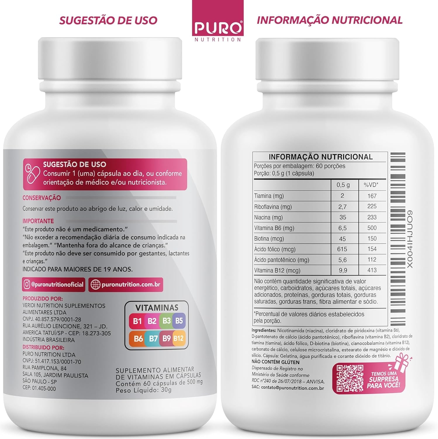 Kit 2 Biotina + Puro Nutrition Pele, Cabelo e Unhas, 45 mcg de Biotina por dose, Vitaminas B1, B2, B3, B5, B6, B9 e B12, 60 Cápsulas por Pote thumbnail 3