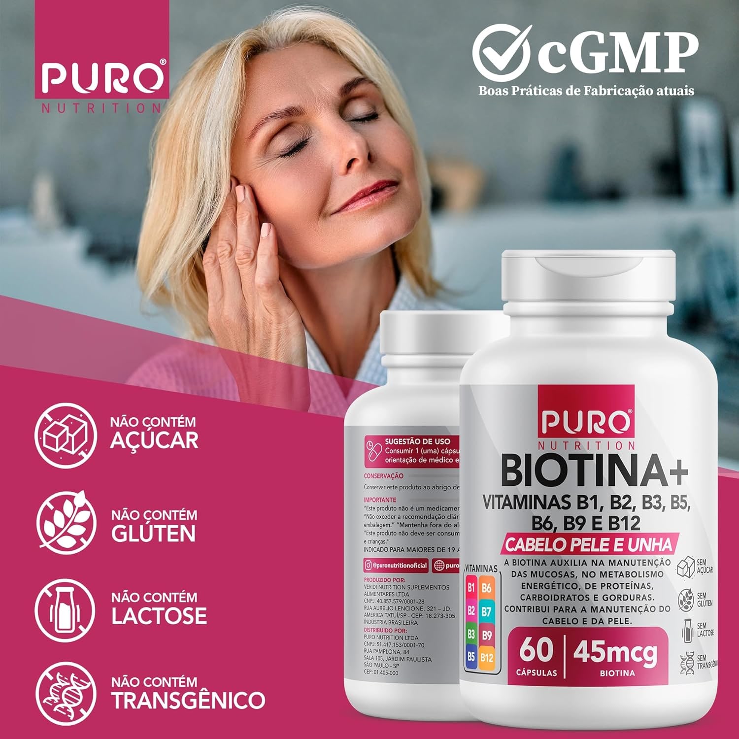Kit 2 Biotina + Puro Nutrition Pele, Cabelo e Unhas, 45 mcg de Biotina por dose, Vitaminas B1, B2, B3, B5, B6, B9 e B12, 60 Cápsulas por Pote thumbnail 4