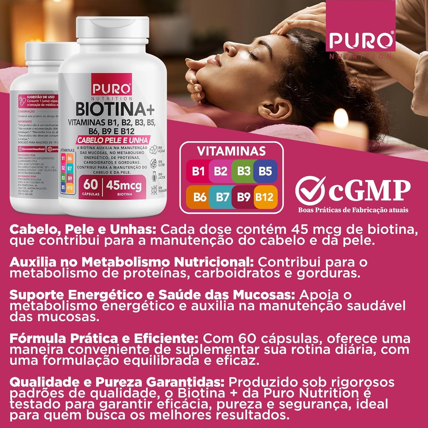 Kit 2 Biotina + Puro Nutrition Pele, Cabelo e Unhas, 45 mcg de Biotina por dose, Vitaminas B1, B2, B3, B5, B6, B9 e B12, 60 Cápsulas por Pote thumbnail 5