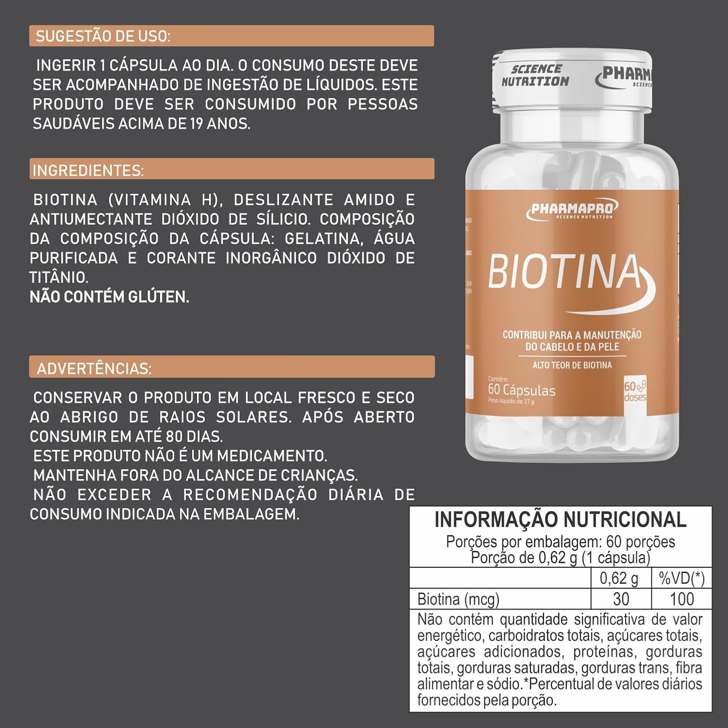 Kit 2x Biotina Pura 60 Capsulas Vitamina B7 Cabelo Pele Unha Vitamina Para Homens e Mulheres Firmeza Importada Original thumbnail 6