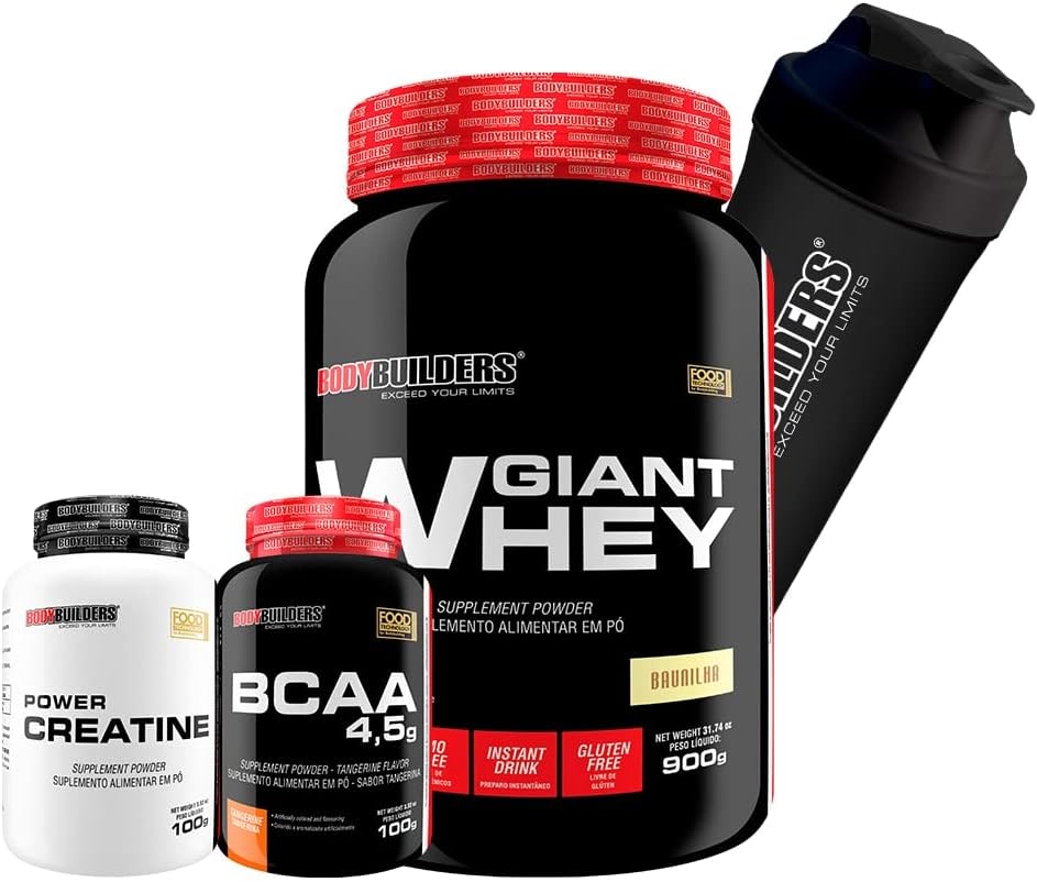 Kit Giant Whey 900g + BCAA 4,5 100g + Power Creatina 100g + Coqueteleira – Bodybuilders Sabor: Baunilha