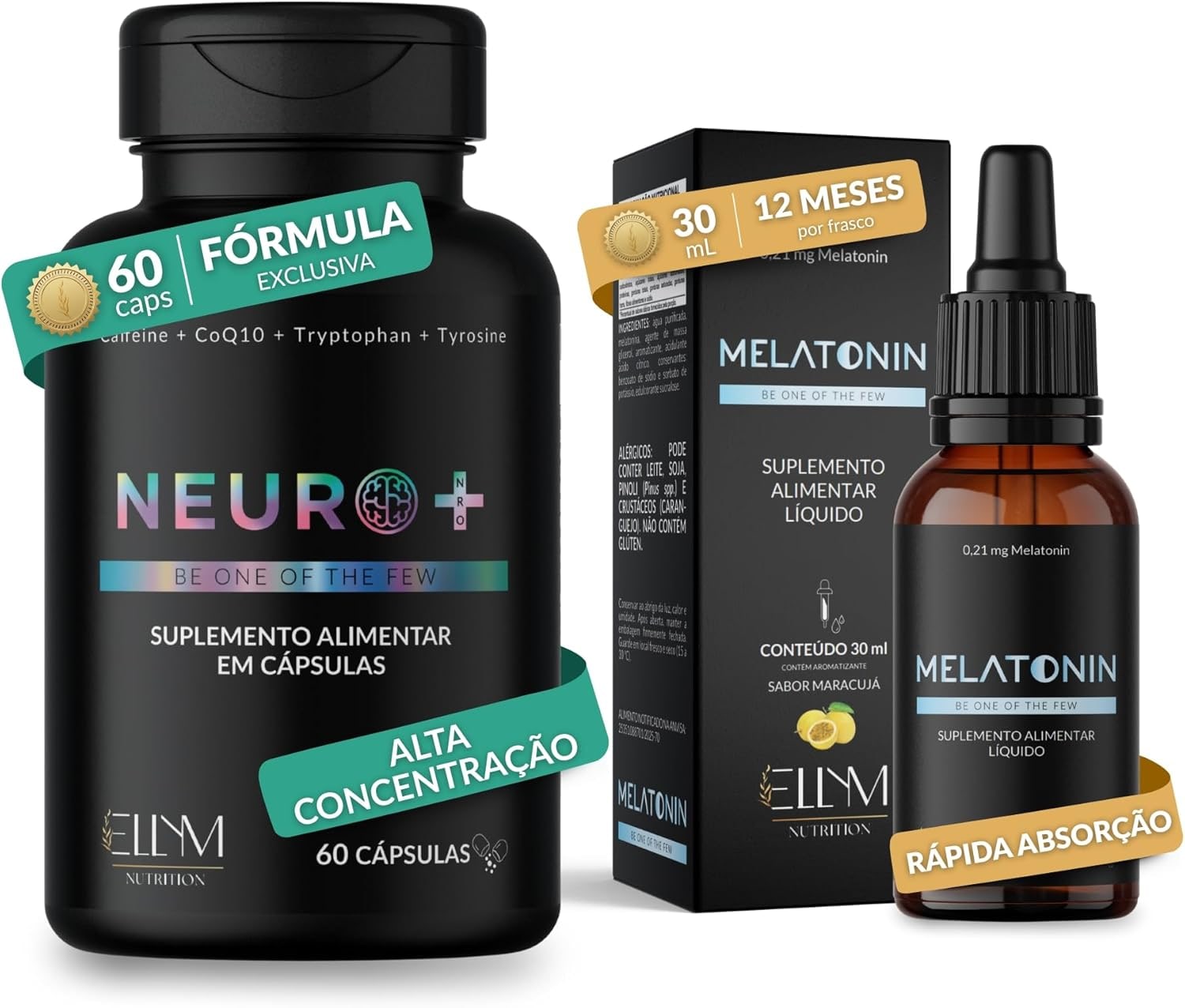 Kit Neuro+ Nootropico + Melatonina Gotas Sublingual ELLYM NUTRITION Multivitaminico Dia e Noite Triptofano Taurina Vitamina B12