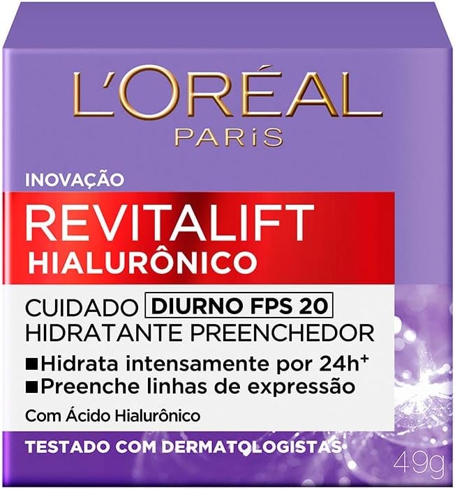 L'Oréal Paris Revitalift Hialurônico Creme Hidratante Facial Antirugas Diurno, Reduz Linhas Finas, Uniformiza a Pele, Melhora a Textura e Firmeza, 49g