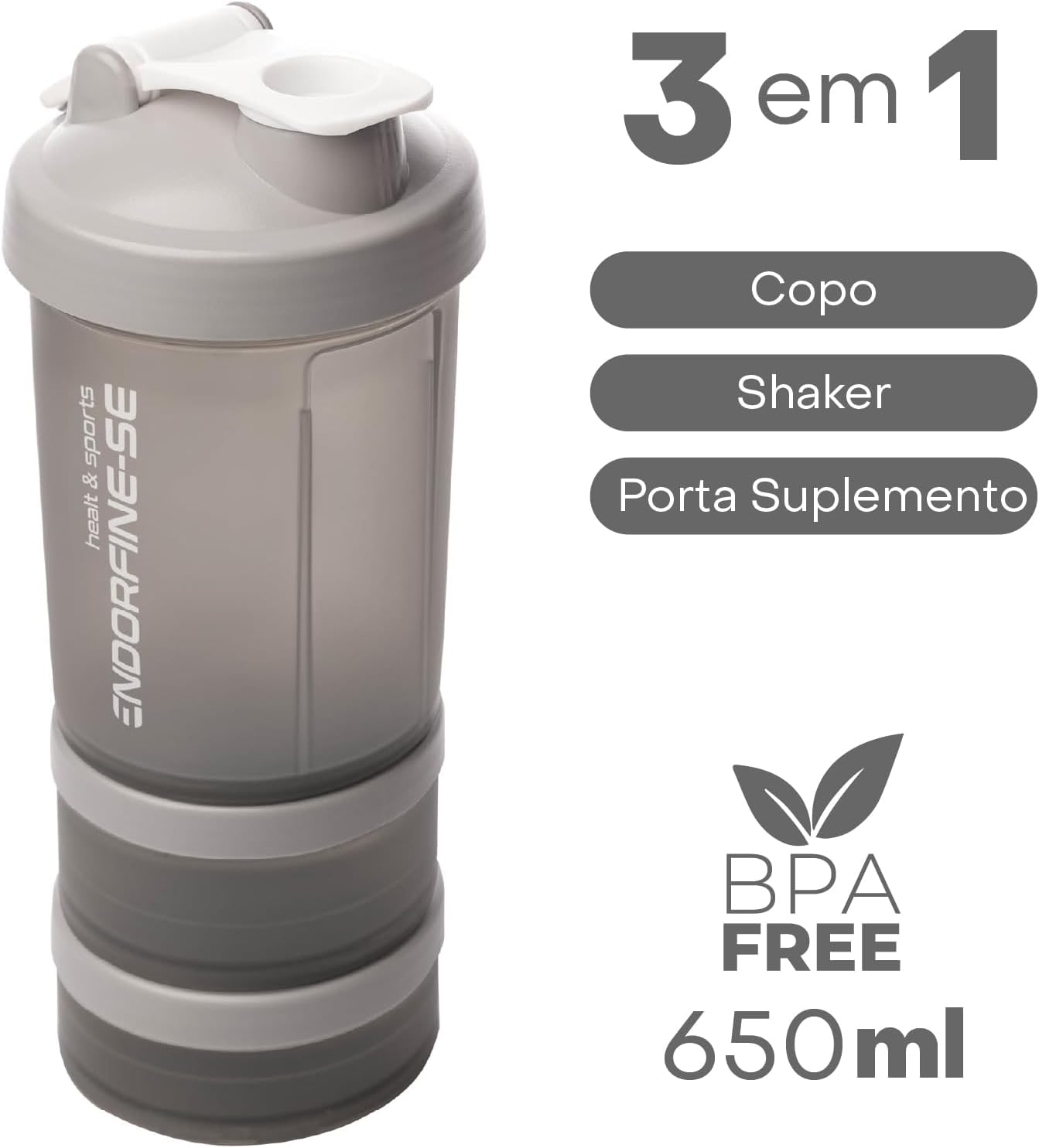 LYOR - Coqueleira shaker 3 em 1 - Performance Cinza 650ml thumbnail 3