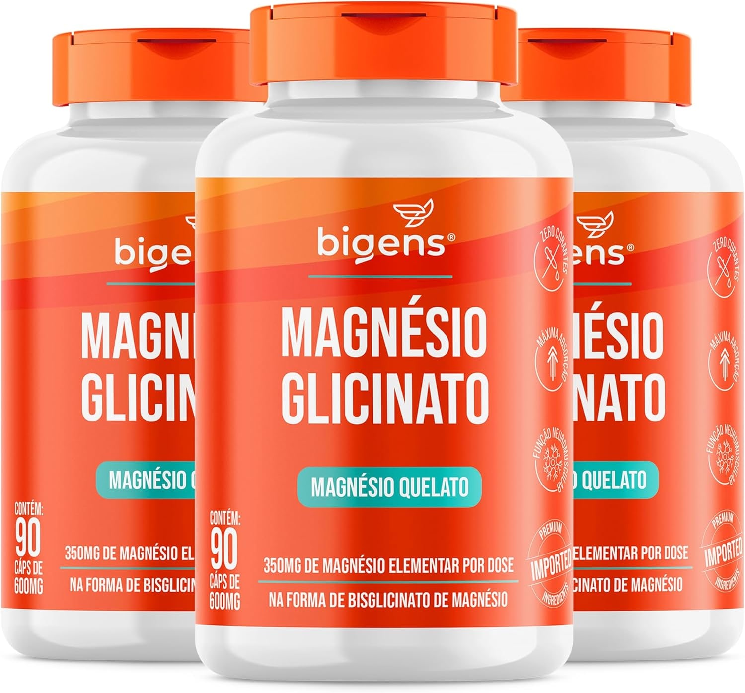 Magnésio Glicinato, Quelato, 350mg de magnésio elementar, 90 Cápsulas, Bigens (Kit 3)