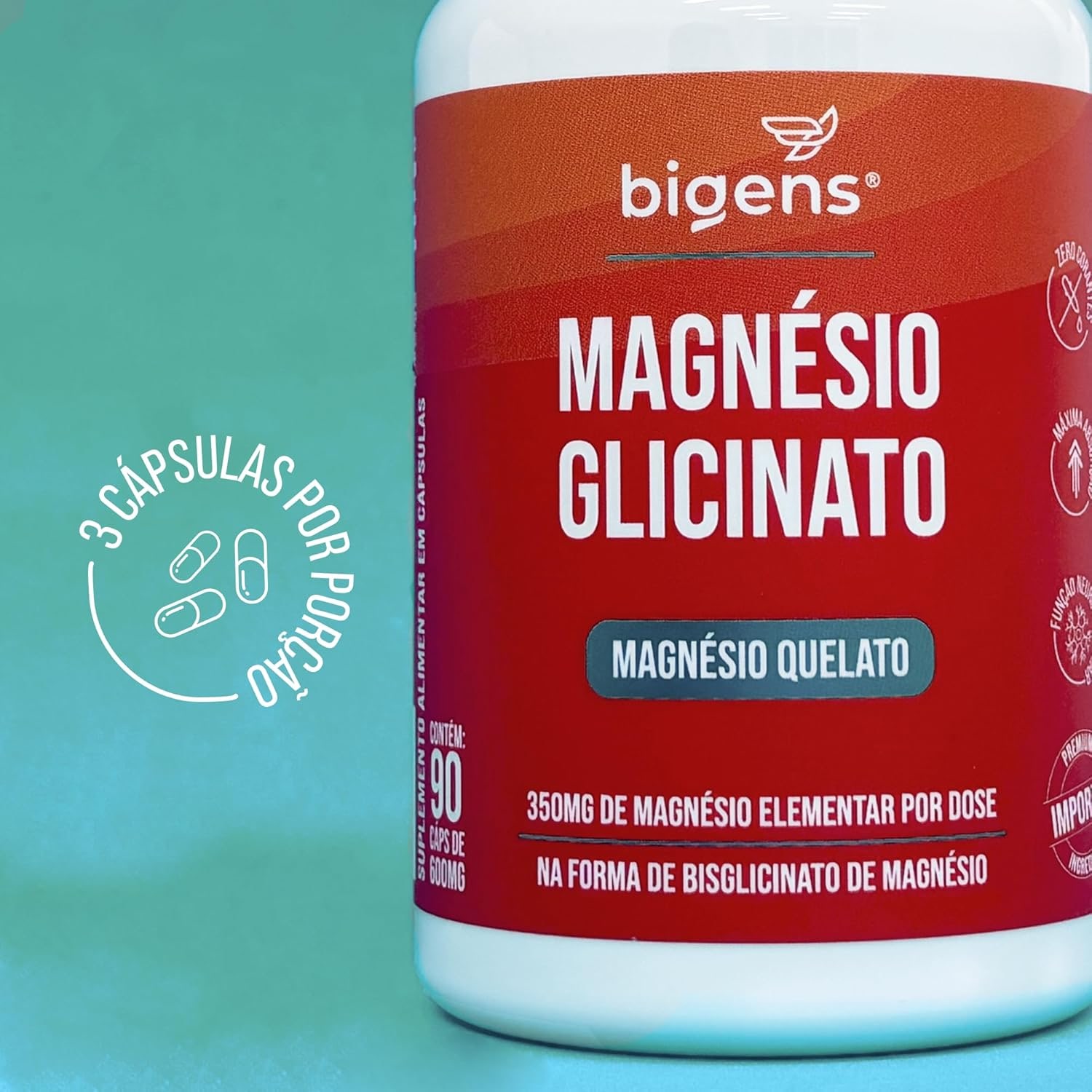 Magnésio Glicinato, Quelato, 350mg de magnésio elementar, 90 Cápsulas, Bigens (Kit 3) thumbnail 5