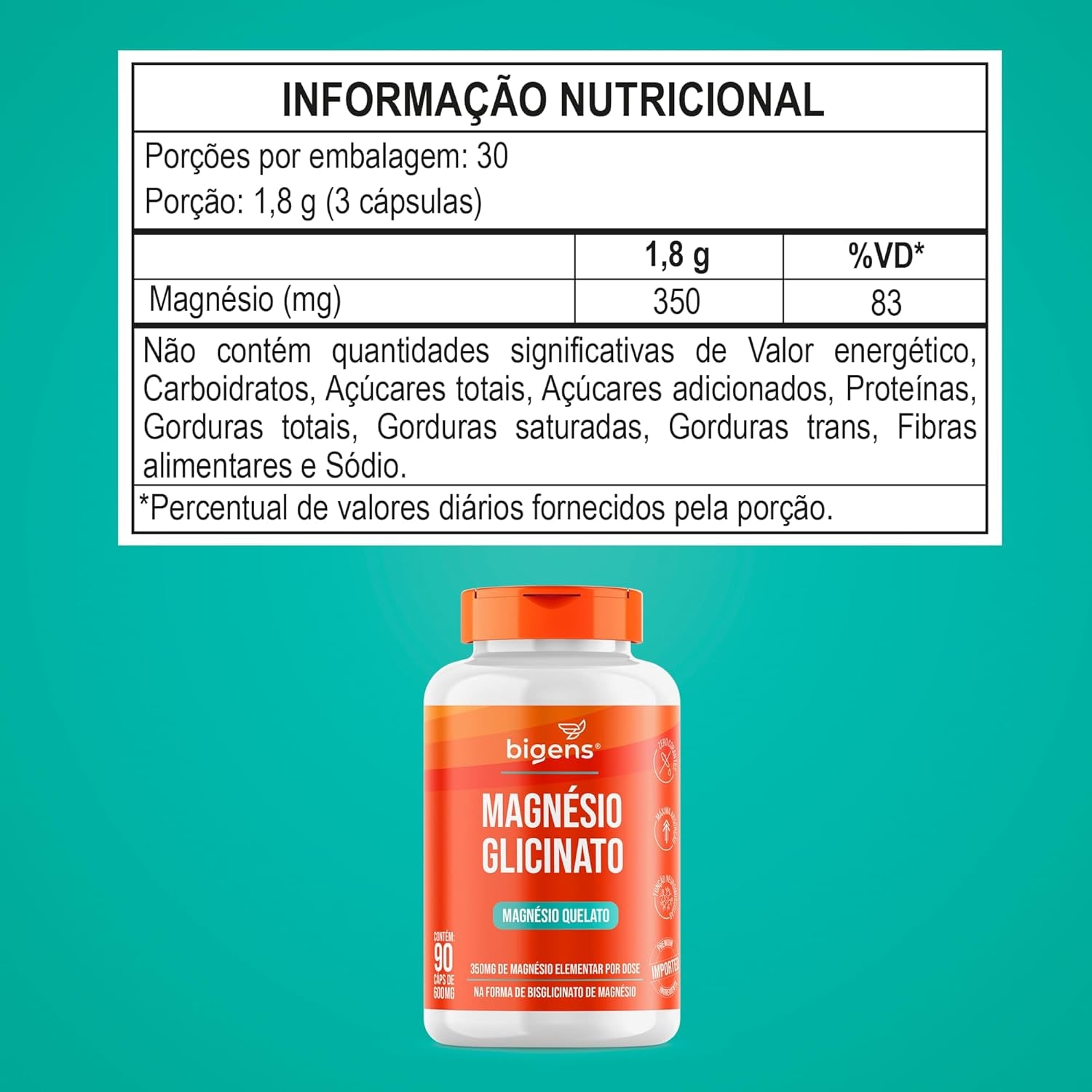Magnésio Glicinato, Quelato, 350mg de magnésio elementar, 90 Cápsulas, Bigens (Kit 3) thumbnail 6