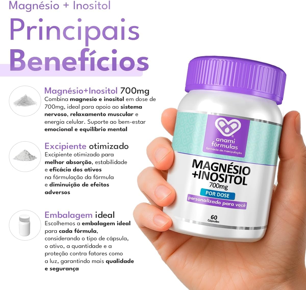 Magnésio + Inositol 700mg 60 Cápsulas Humor Estresse thumbnail 2