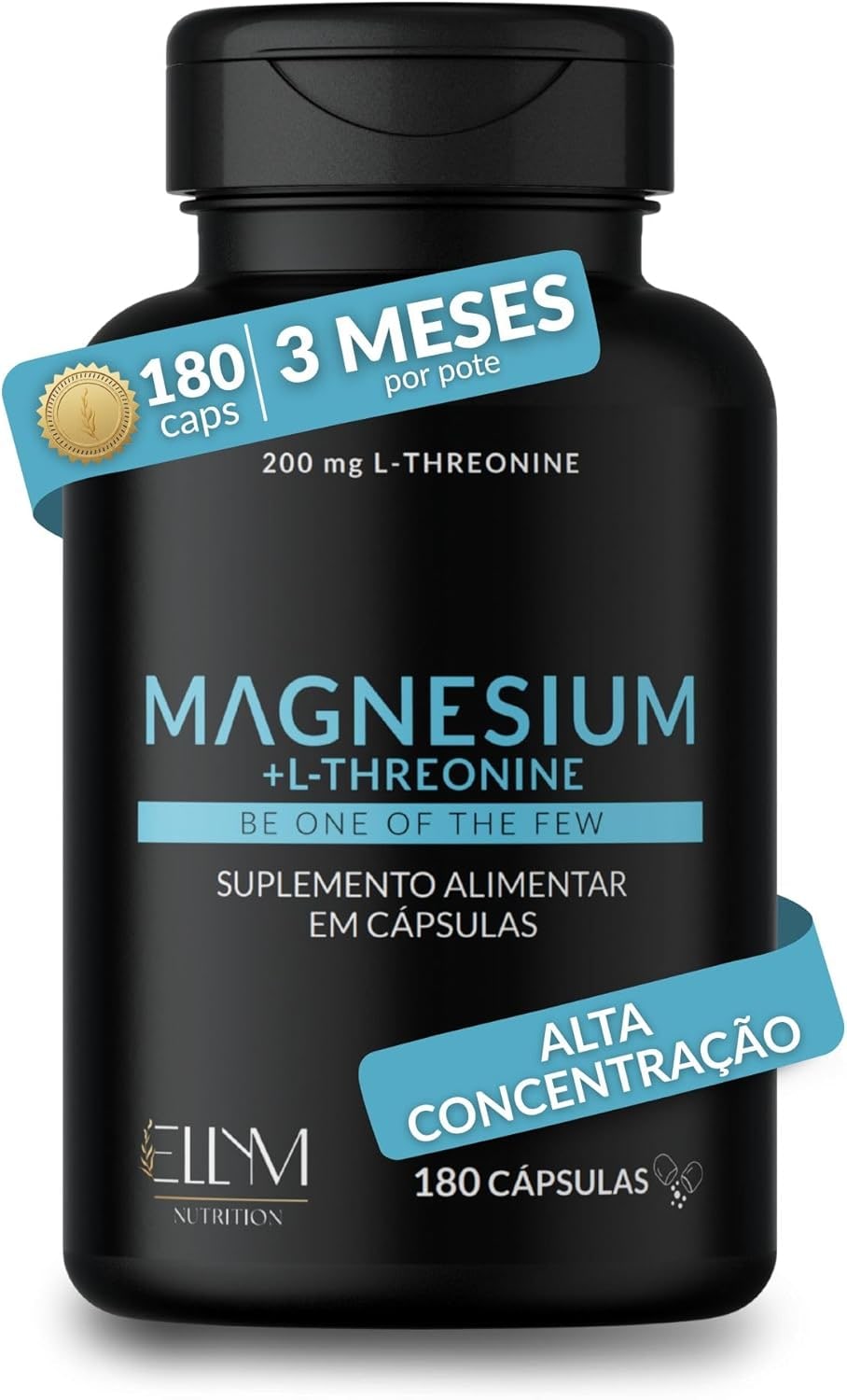 Magnésio L-Treonato 460mg 100% Puro ELLYM NUTRITION 180 Cápsulas 3 Meses Alta Concentração