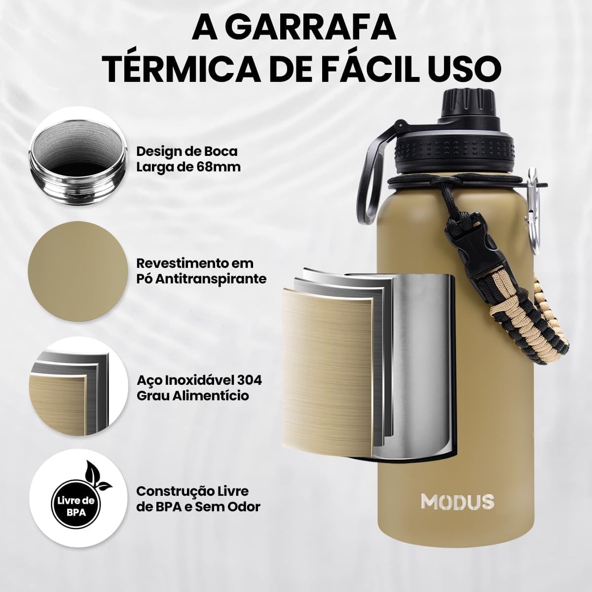 MODUS Garrafa Térmica Esportiva De Aço Inoxidável Com Isolamento A Vácuo De 1000ML (Caqui) thumbnail 6