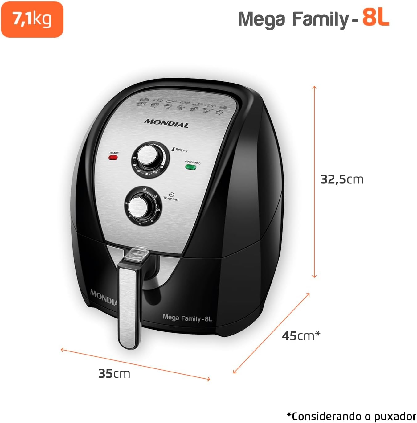 MONDIAL Fritadeira Sem Óleo Air Fryer 8L, Preto/Inox, 1900W, 110V - AFN-80-BI thumbnail 2
