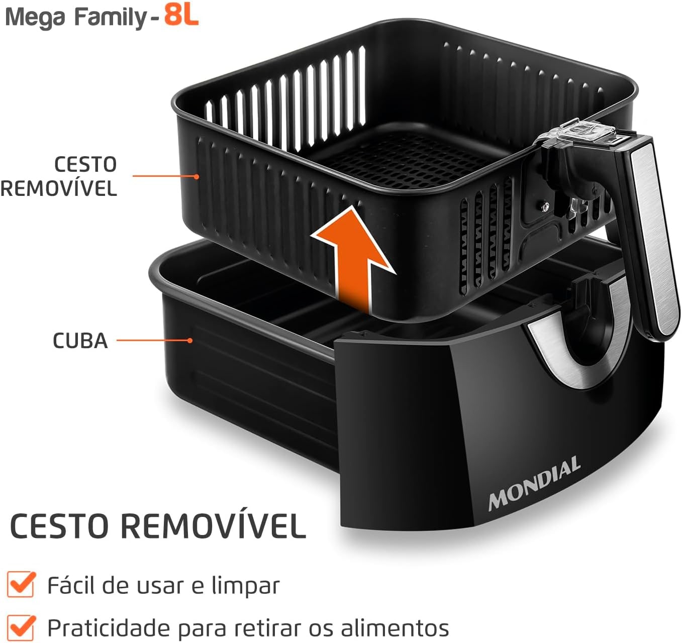 MONDIAL Fritadeira Sem Óleo Air Fryer 8L, Preto/Inox, 1900W, 110V - AFN-80-BI thumbnail 6