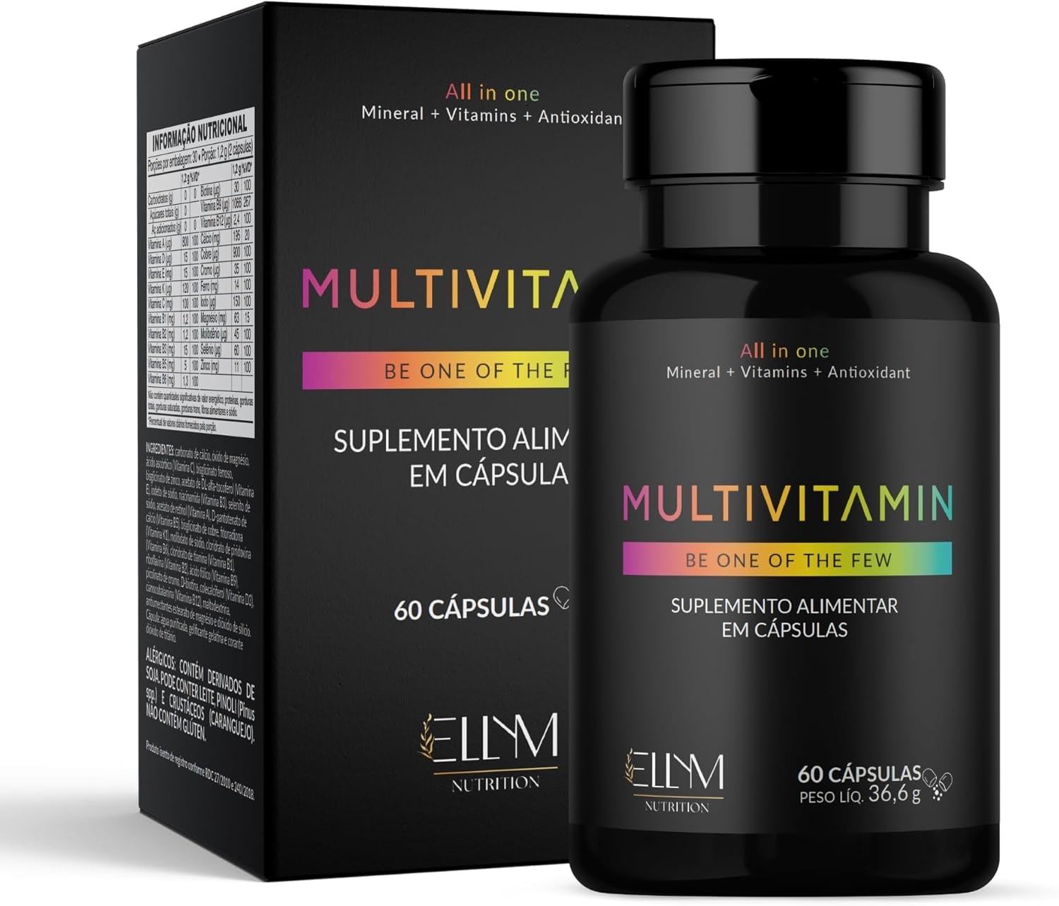 Multivitaminico Completo 60 Capsulas ELLYM NUTRITION Complexo Vitaminico para o Dia a Dia Mulher e Homem Polivitaminico
